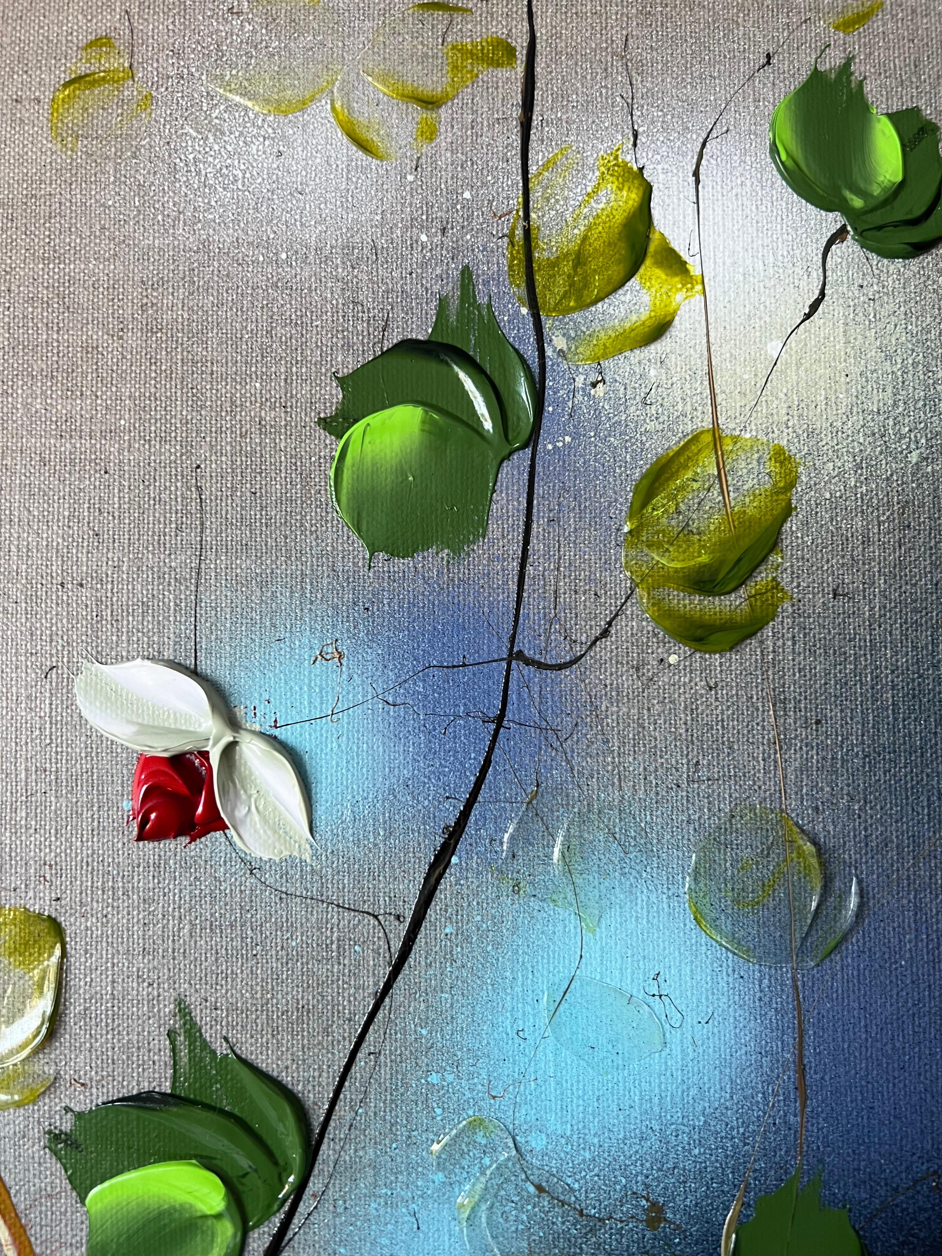 Floración tranquila de la serenidad - cuadro romántico floral cuadrado sobre lienzo de lino - Painting de Anastassia Skopp
