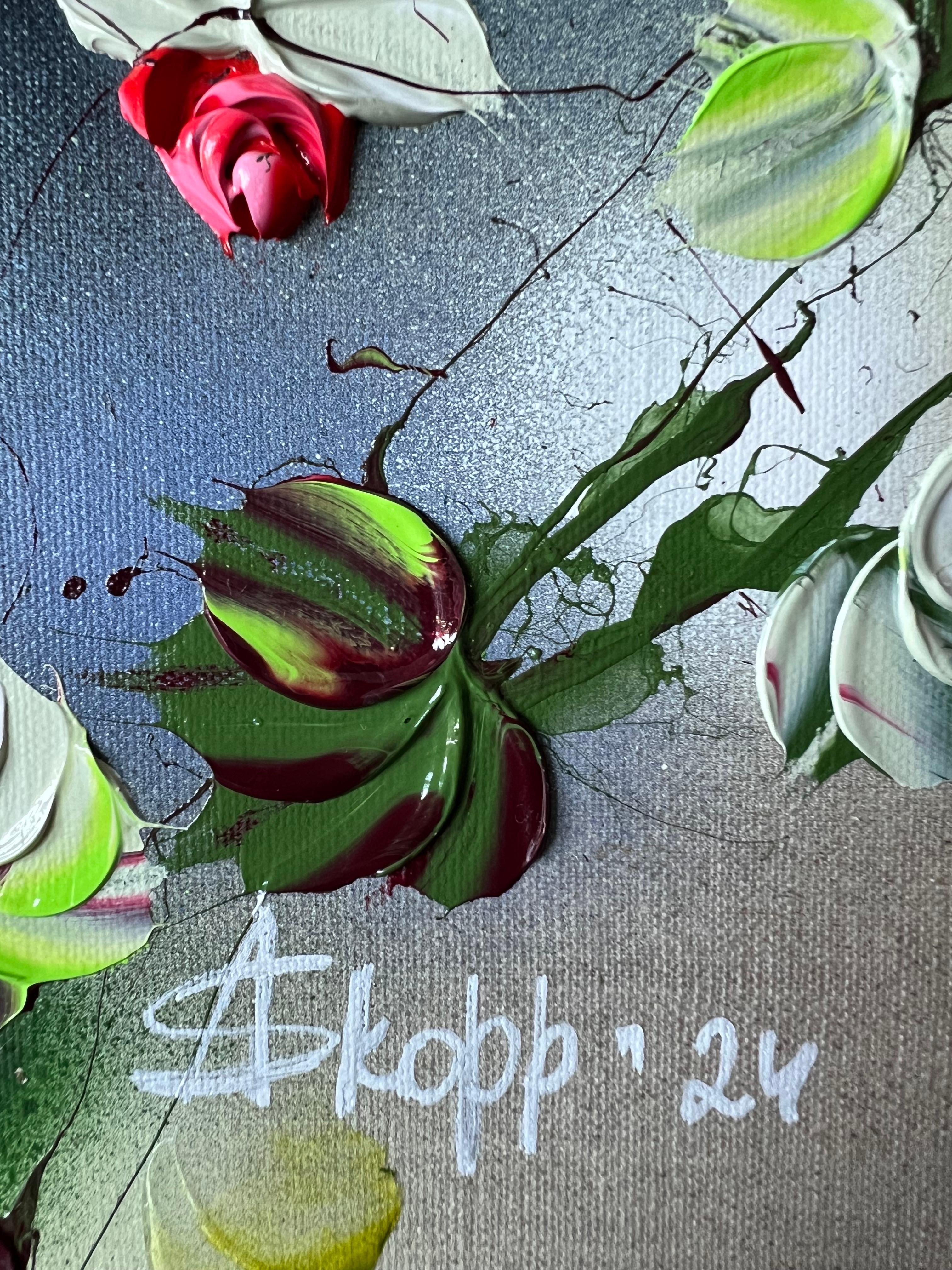 Floración tranquila de la serenidad - cuadro romántico floral cuadrado sobre lienzo de lino - Painting Abstracto de Anastassia Skopp