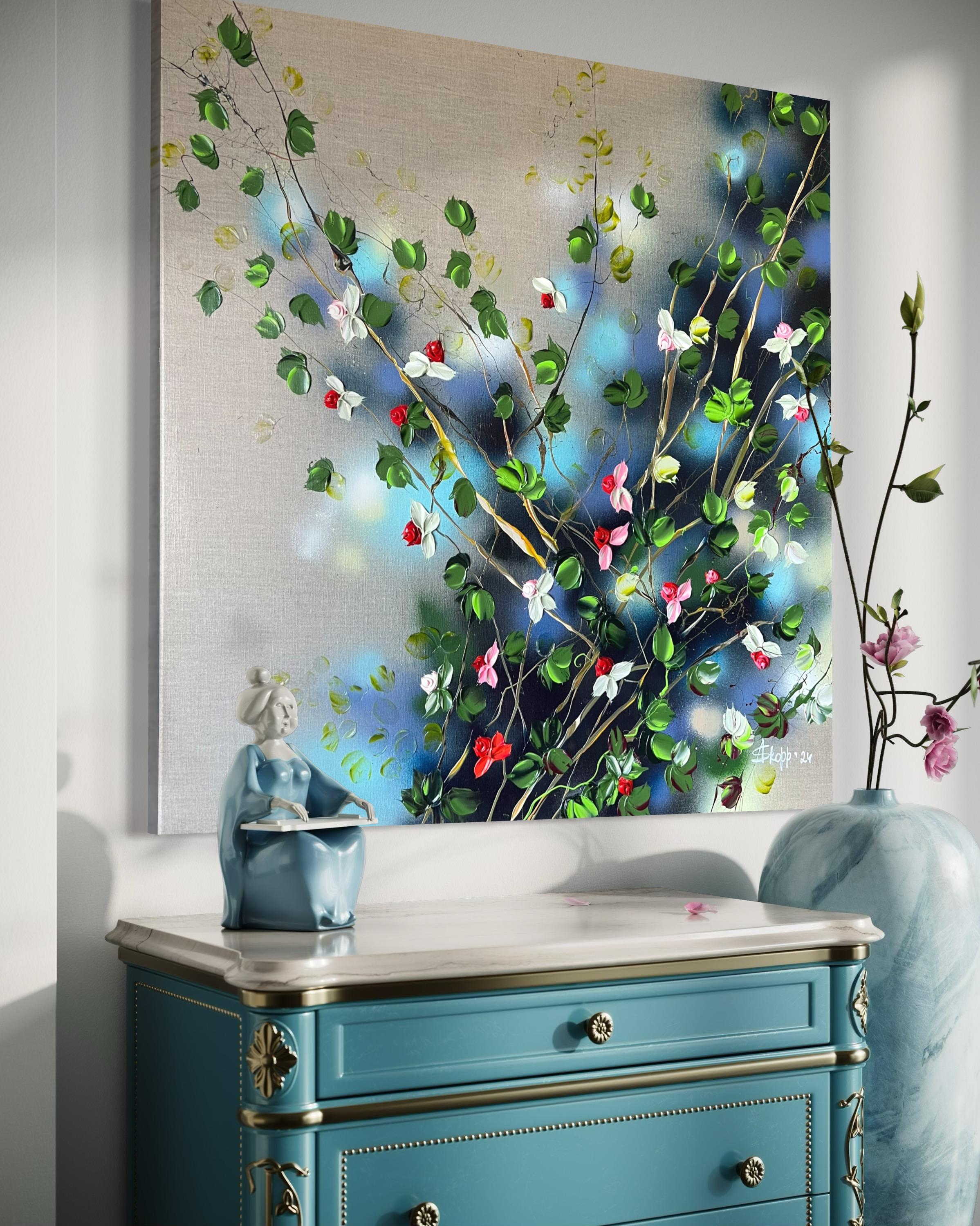 Floración tranquila de la serenidad - cuadro romántico floral cuadrado sobre lienzo de lino en venta 3