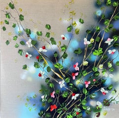 Quiet Bloom of Serenity, peinture florale romantique carrée sur toile de lin