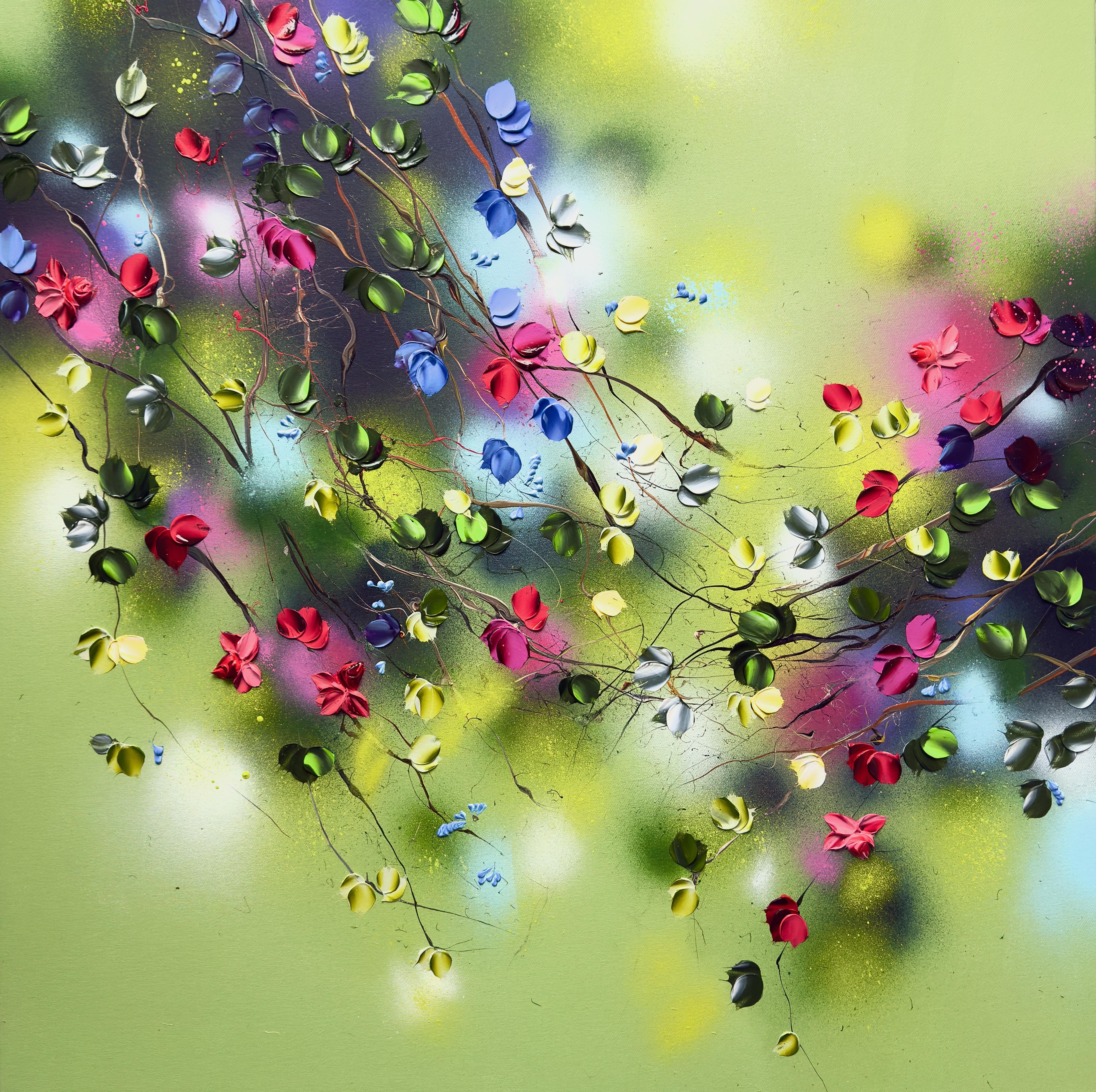 "Flores Radiantes"  - colorido cuadro impresionista con flores sobre lienzo