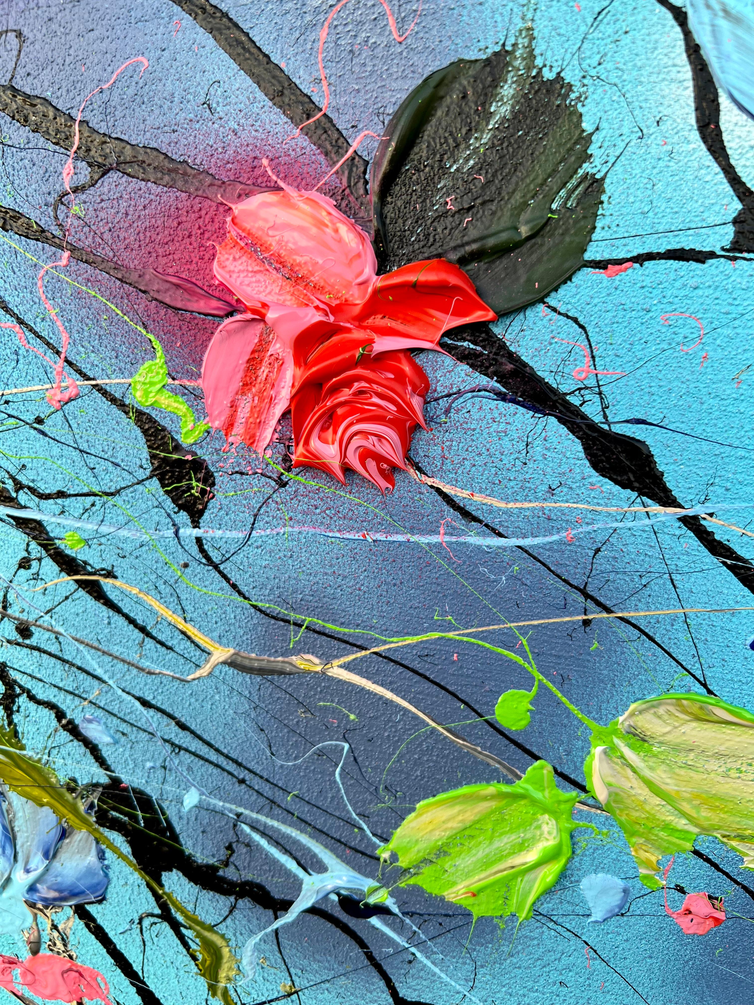 Grande peinture florale bleu clair texturée « Romantic Moment » avec roses en vente 5