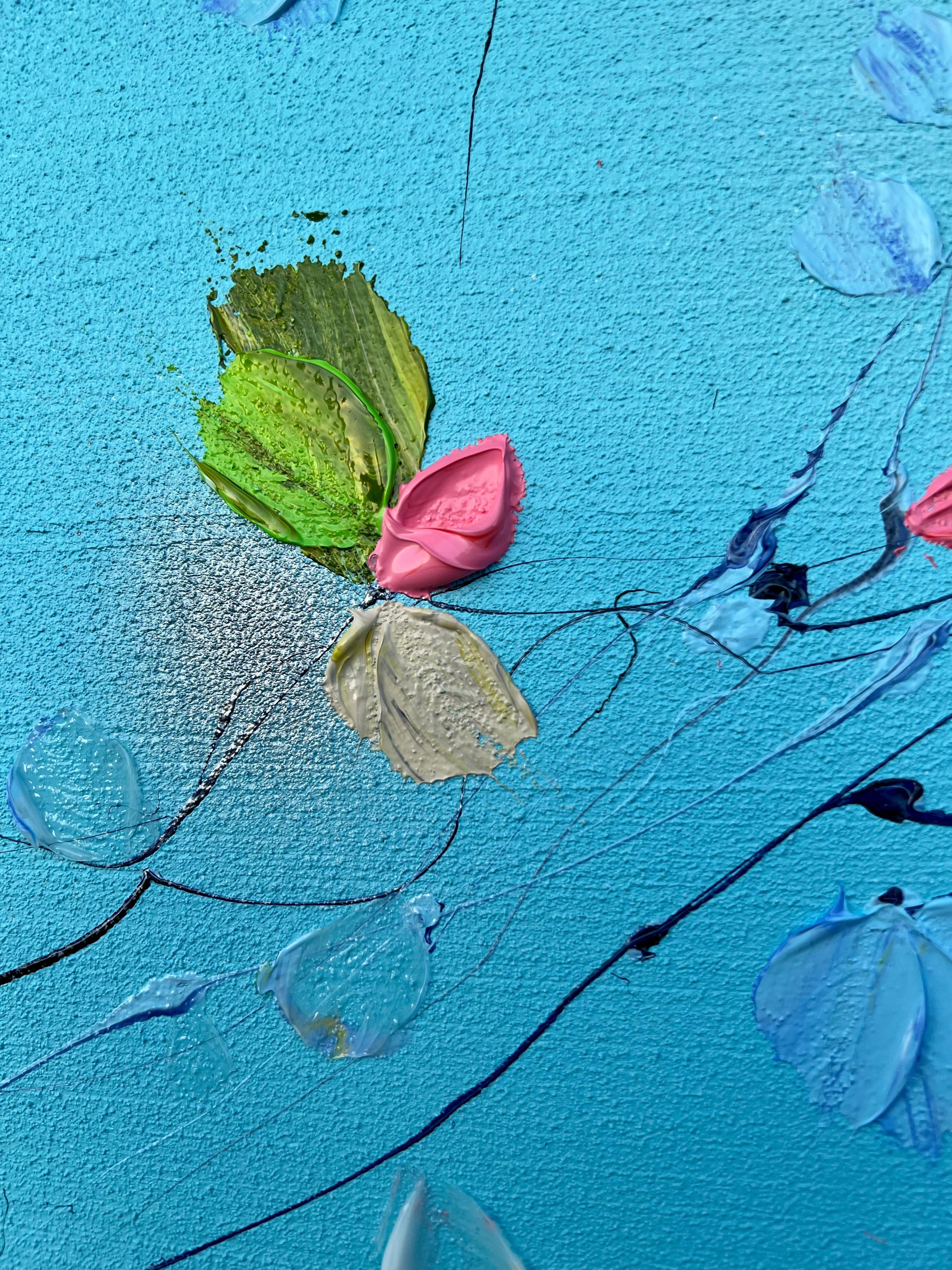 Grande peinture florale bleu clair texturée « Romantic Moment » avec roses en vente 7