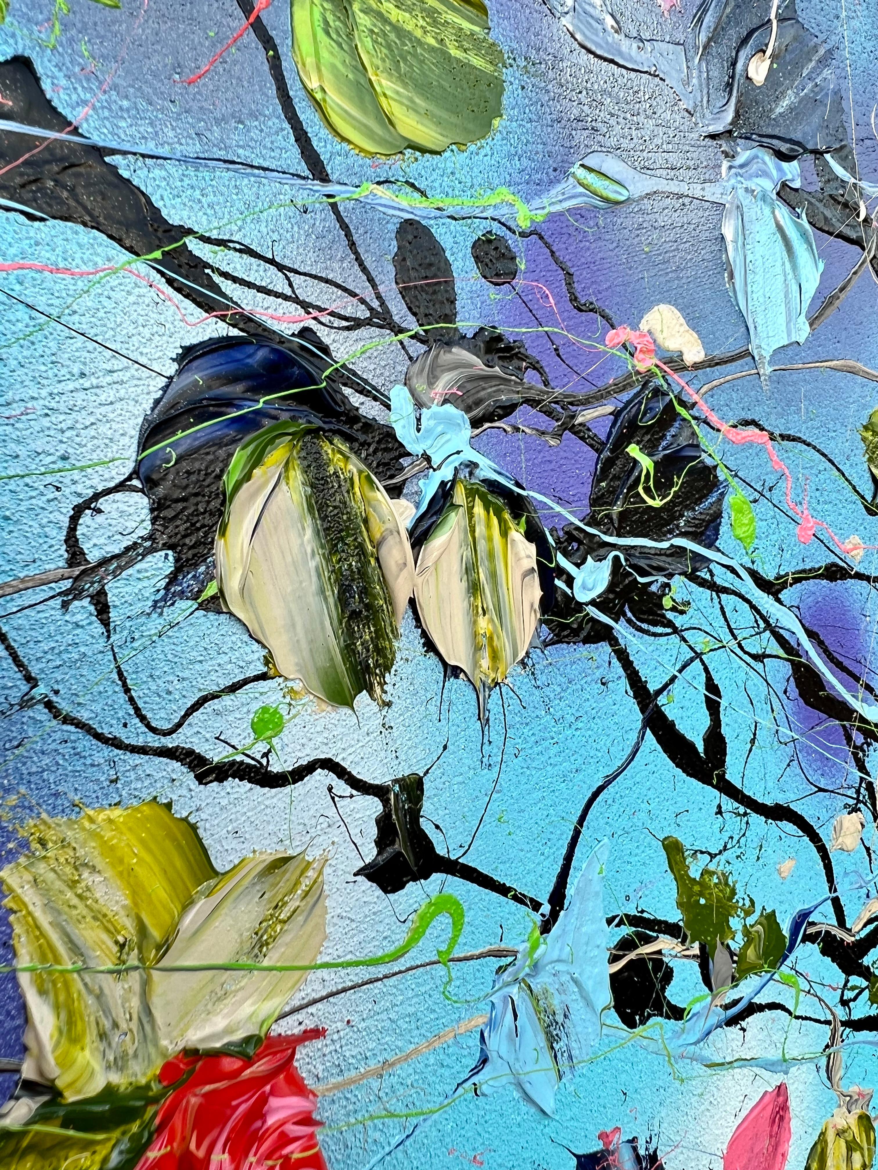 Grande peinture florale bleu clair texturée « Romantic Moment » avec roses en vente 10