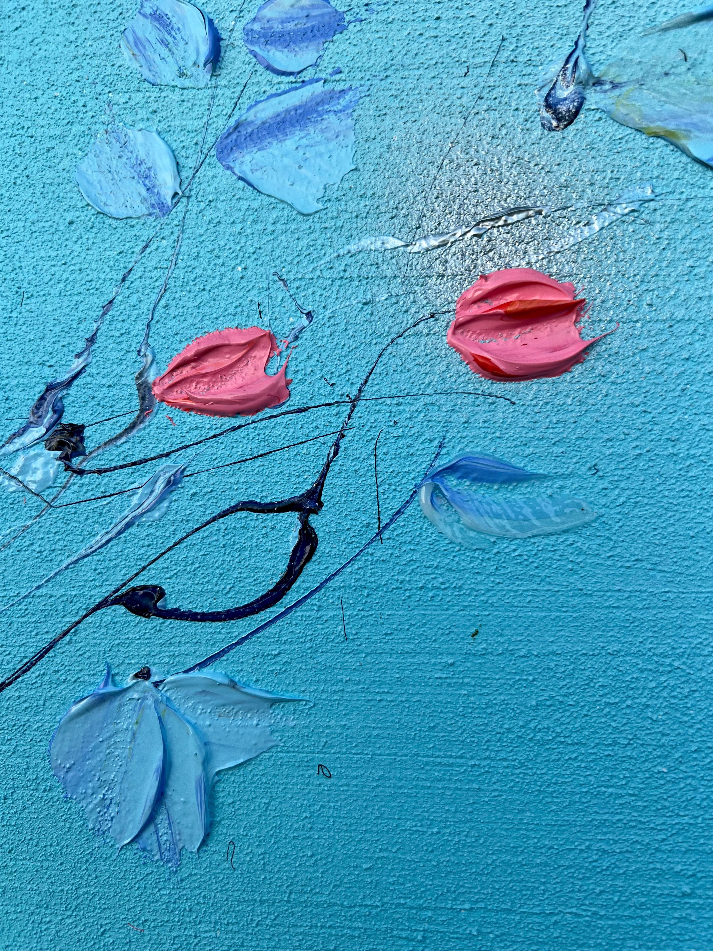 Grande peinture florale bleu clair texturée « Romantic Moment » avec roses en vente 11