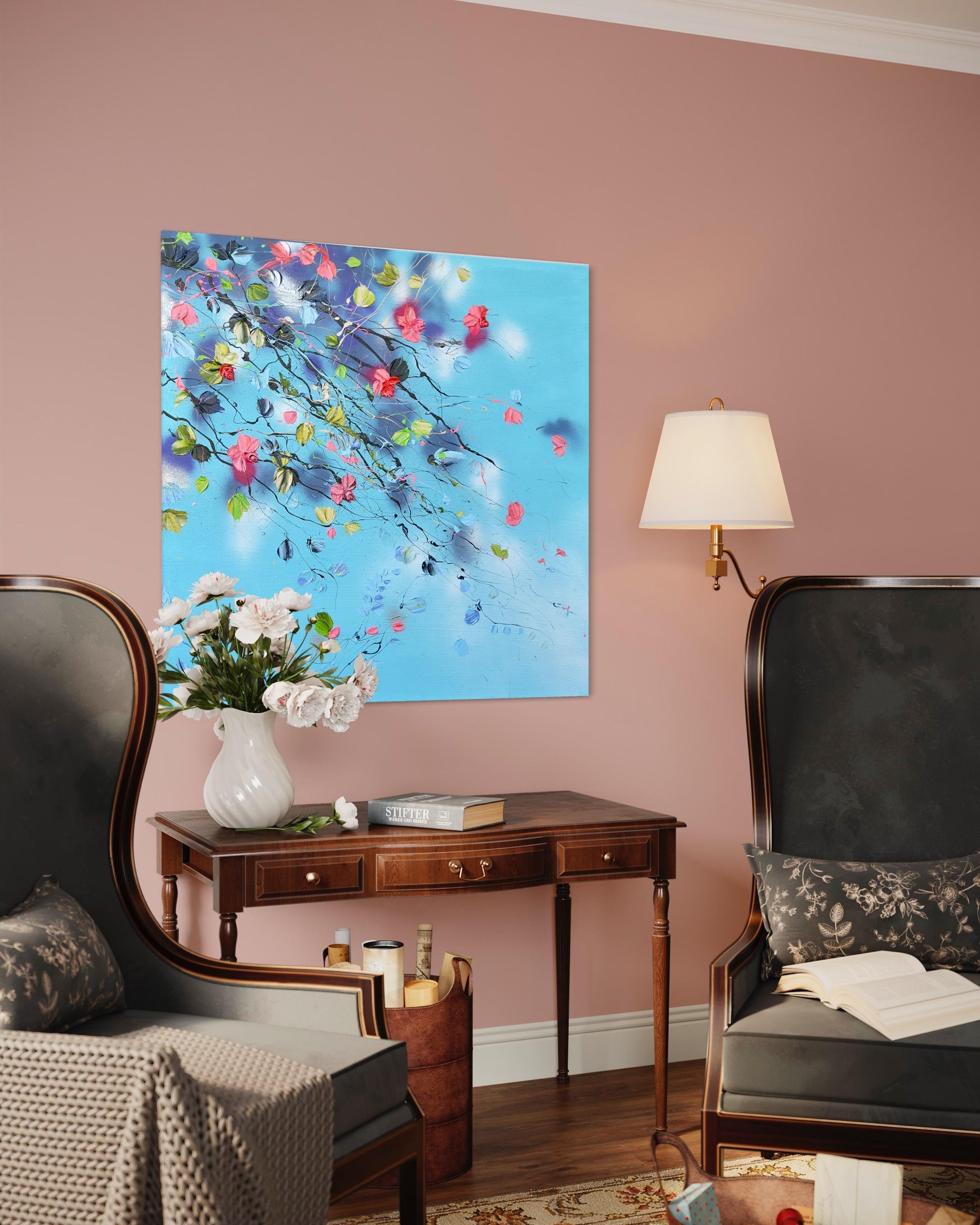 Grande peinture florale bleu clair texturée « Romantic Moment » avec roses en vente 12