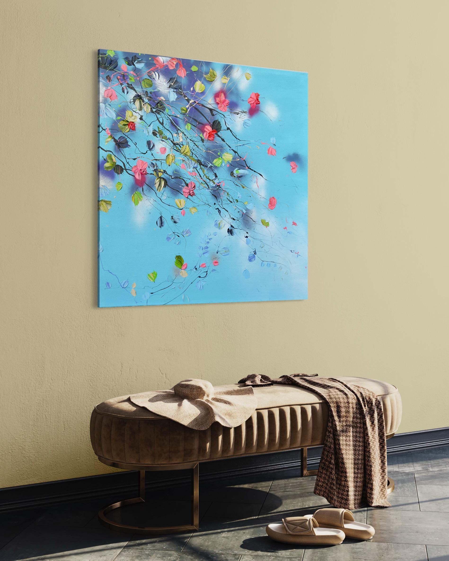 Grande peinture florale bleu clair texturée « Romantic Moment » avec roses en vente 13