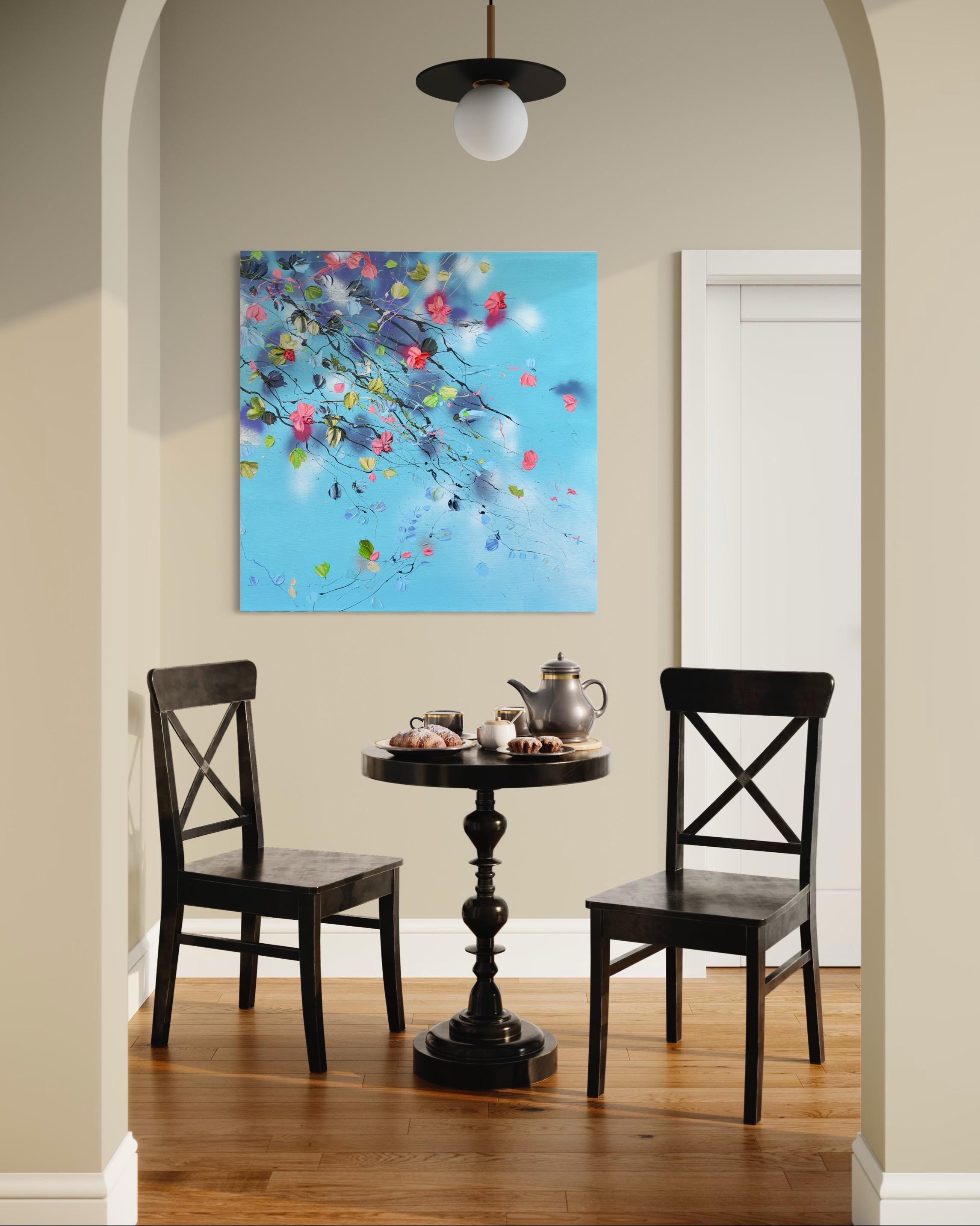 Grande peinture florale bleu clair texturée « Romantic Moment » avec roses en vente 14