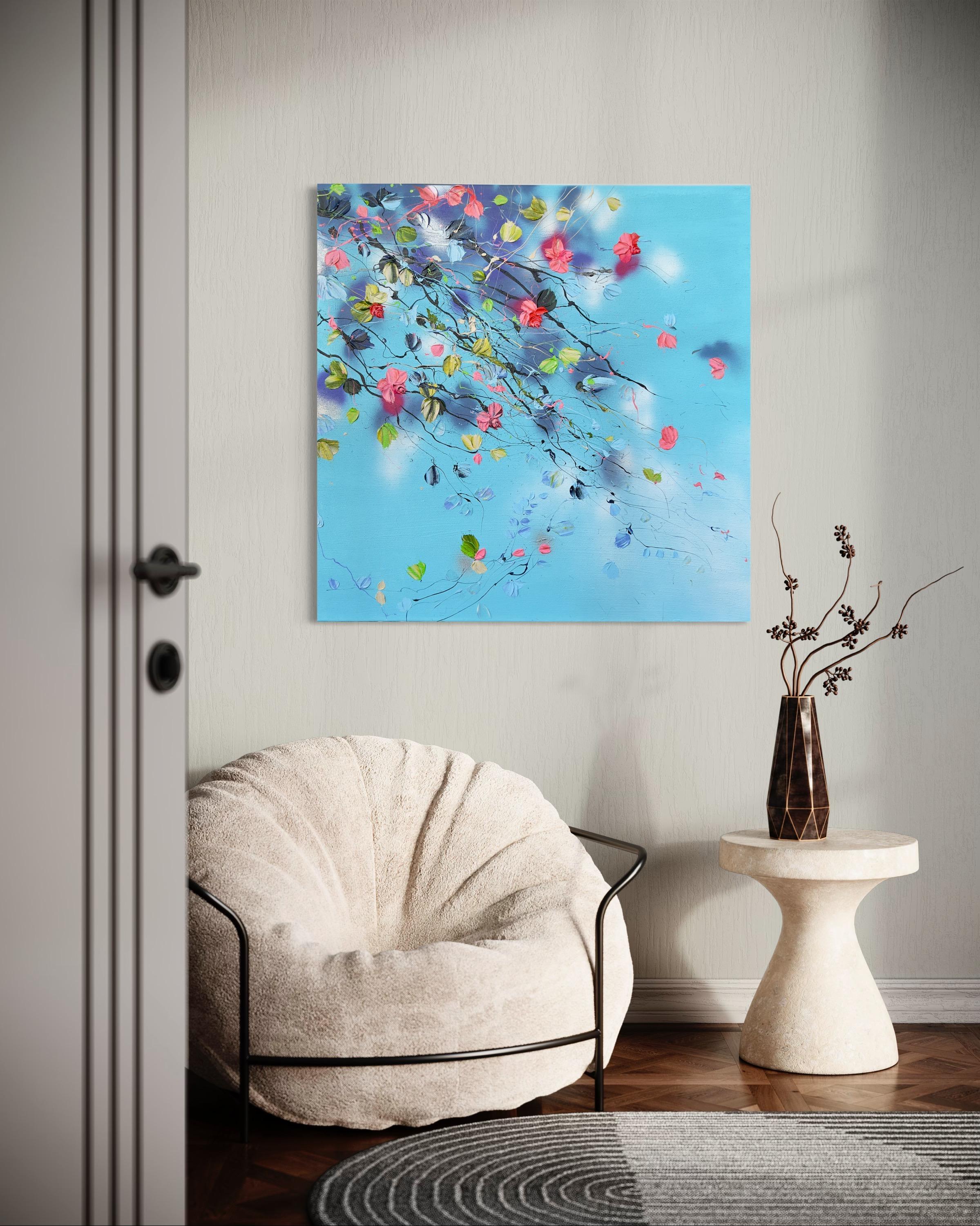 Grande peinture florale bleu clair texturée « Romantic Moment » avec roses en vente 1