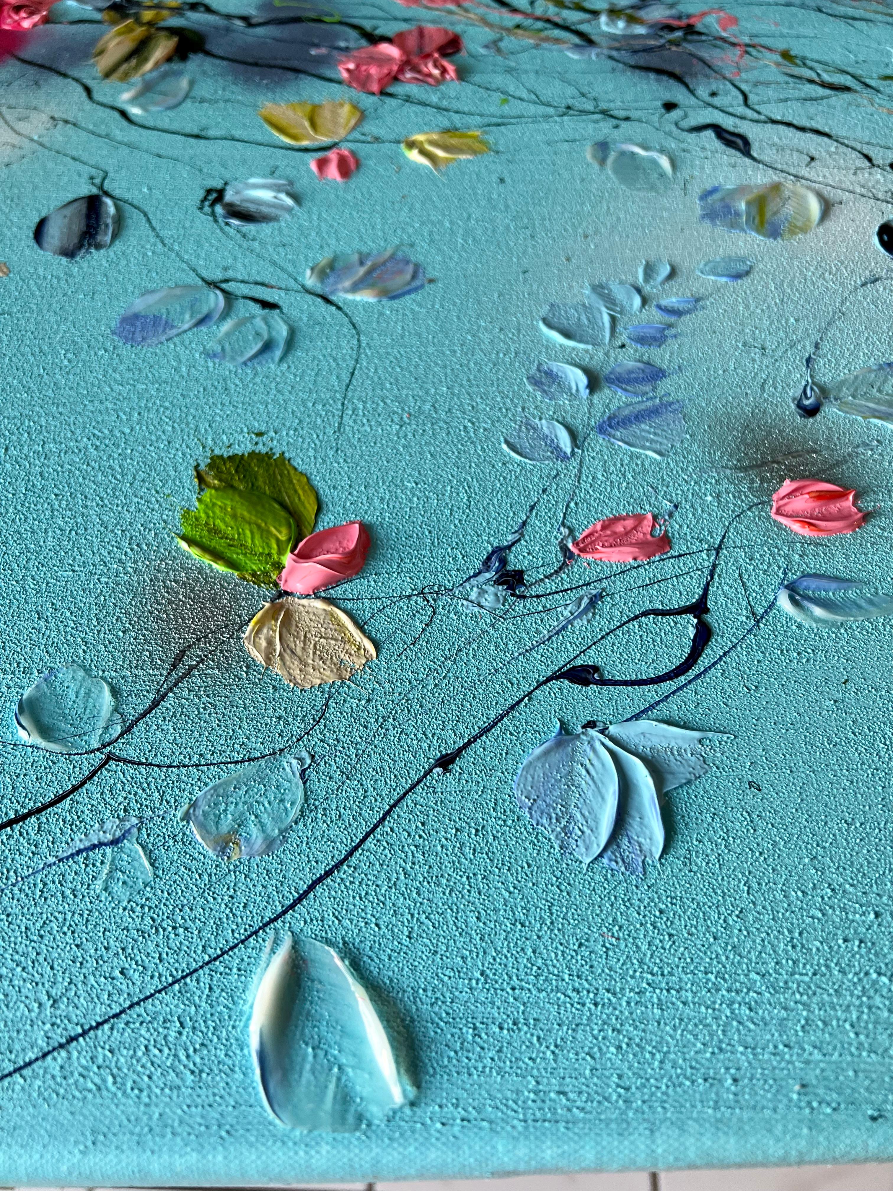 Grande peinture florale bleu clair texturée « Romantic Moment » avec roses en vente 2