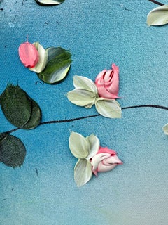 "Romantic Moment I"  - blue pink impressionistic painting with flowers on canvas