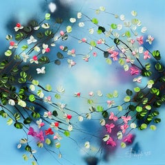 "Momento romantico I+I"  - quadro impressionista blu rosa con fiori su tela