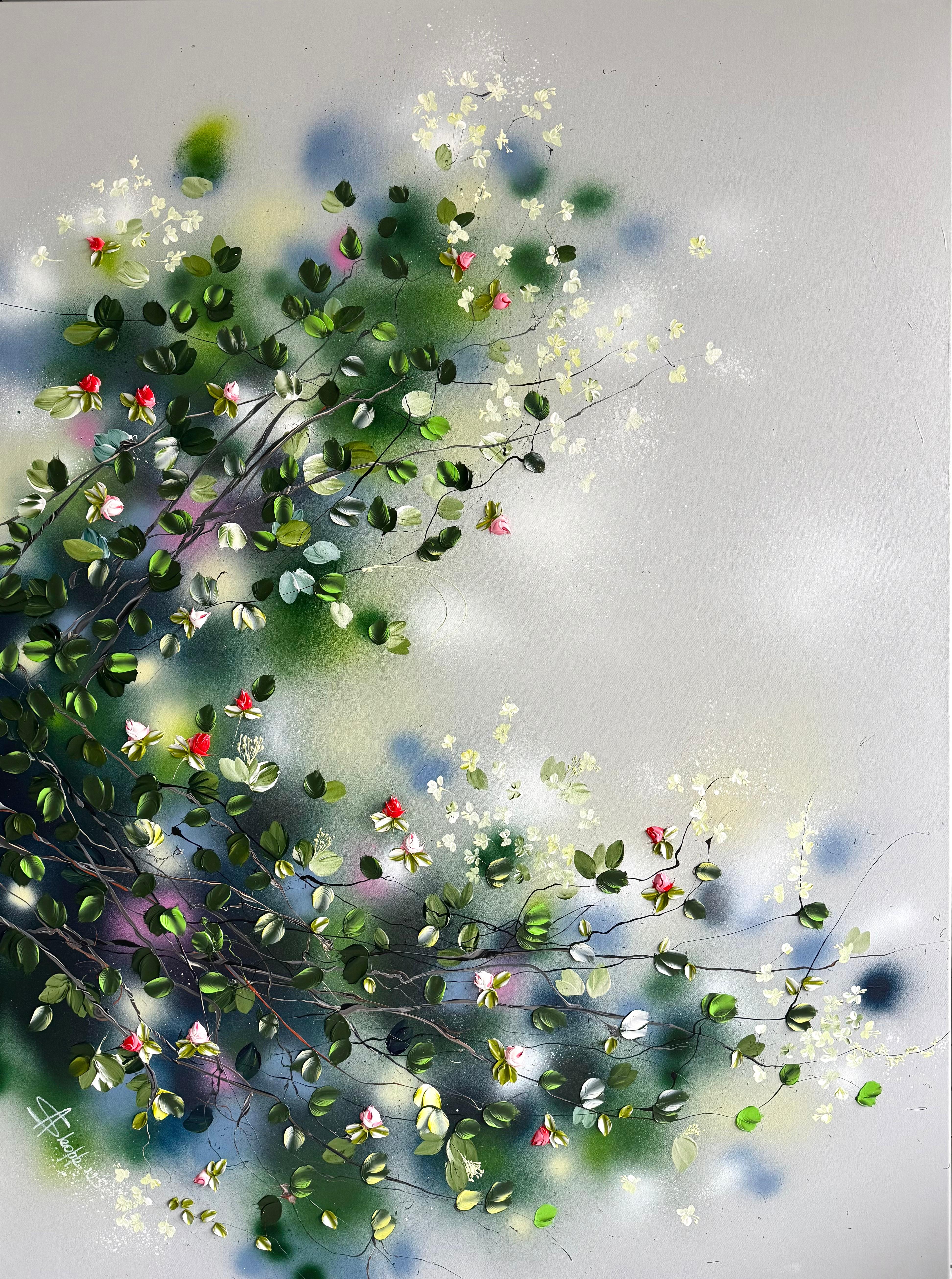 Anastassia Skopp Abstract Painting – "Rosenstrauch III"  extra großes Gemälde auf Leinwand, Rosengarten, Blumen, Rose