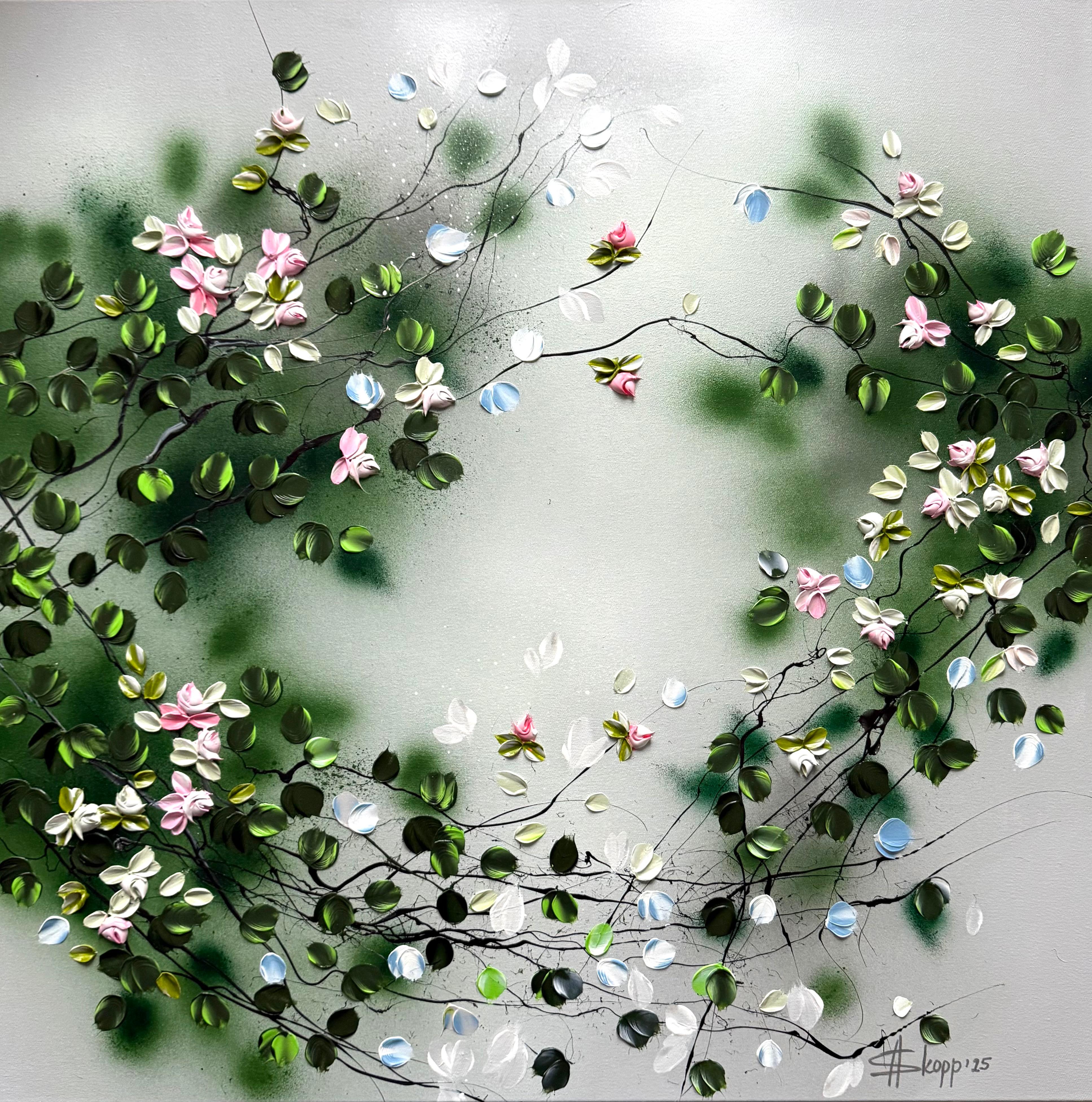 "Roses in Grey Cloud" large impasto floral romantic textured painting on canvas