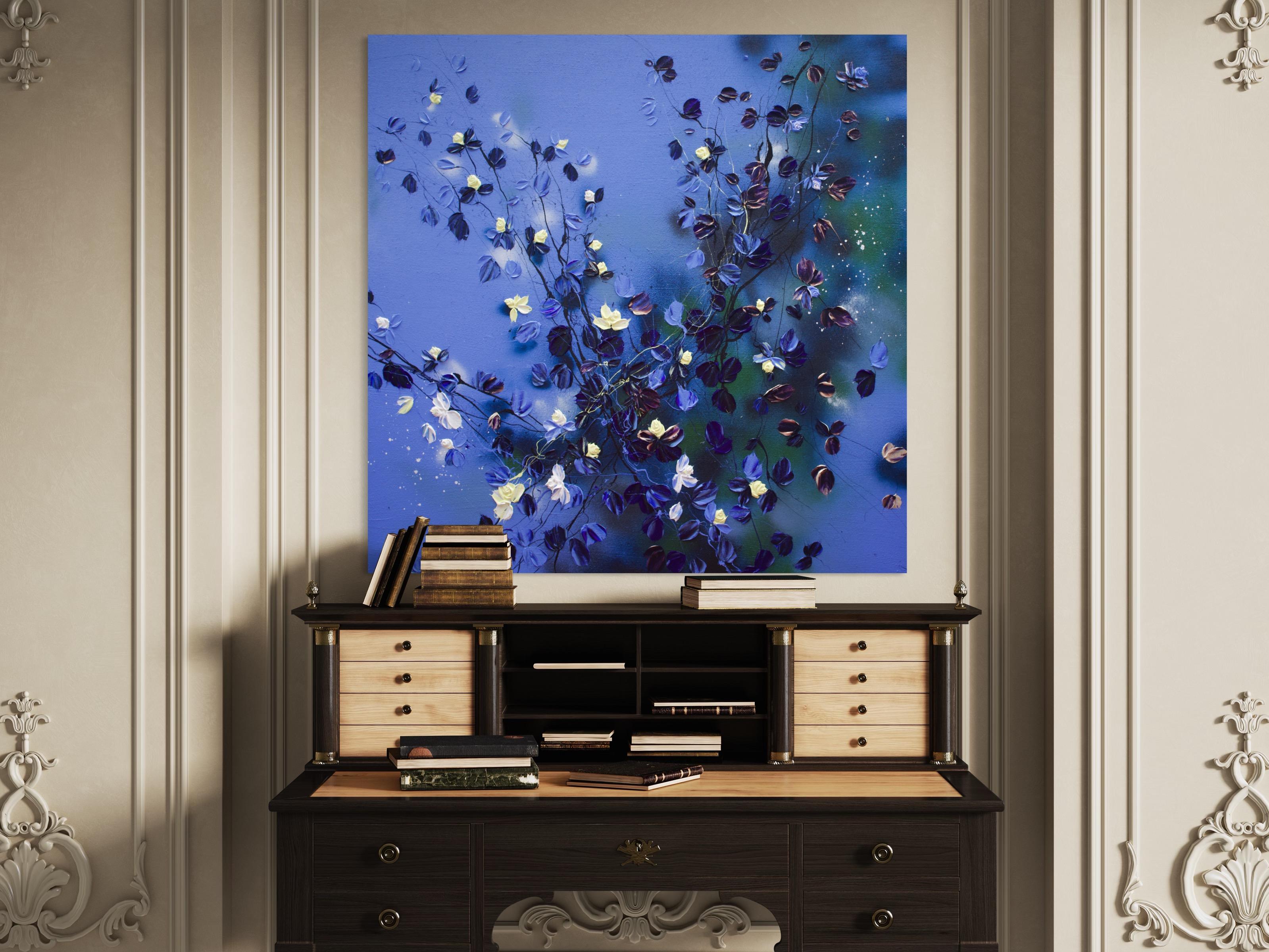 Grande peinture carrée bleu floralapphire Rhapsody en vente 7