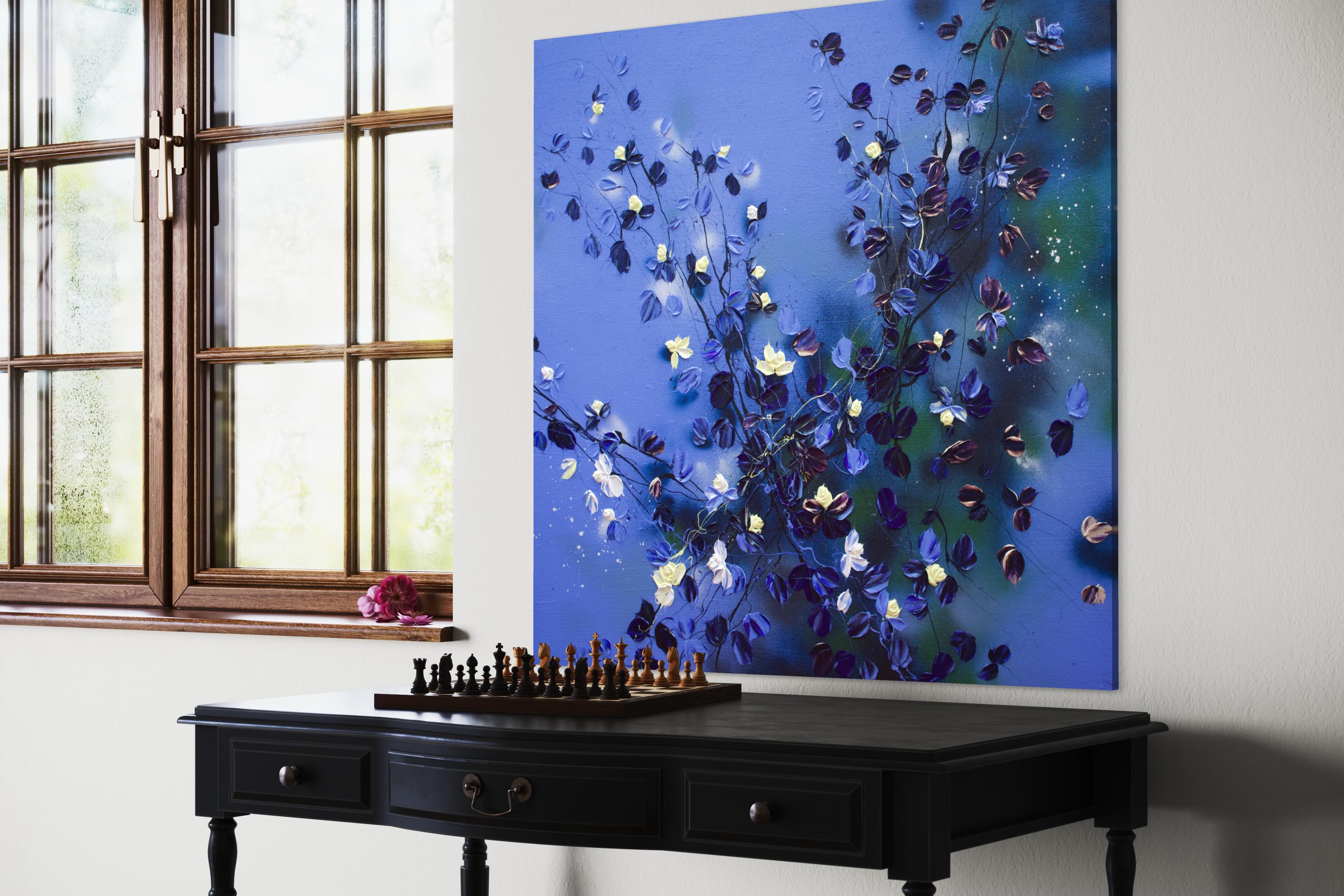 Grande peinture carrée bleu floralapphire Rhapsody en vente 8