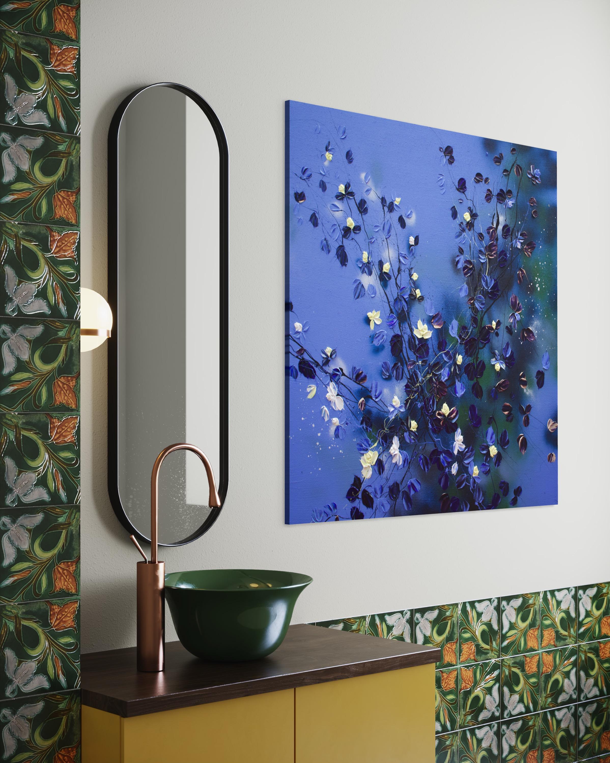 Grande peinture carrée bleu floralapphire Rhapsody en vente 9