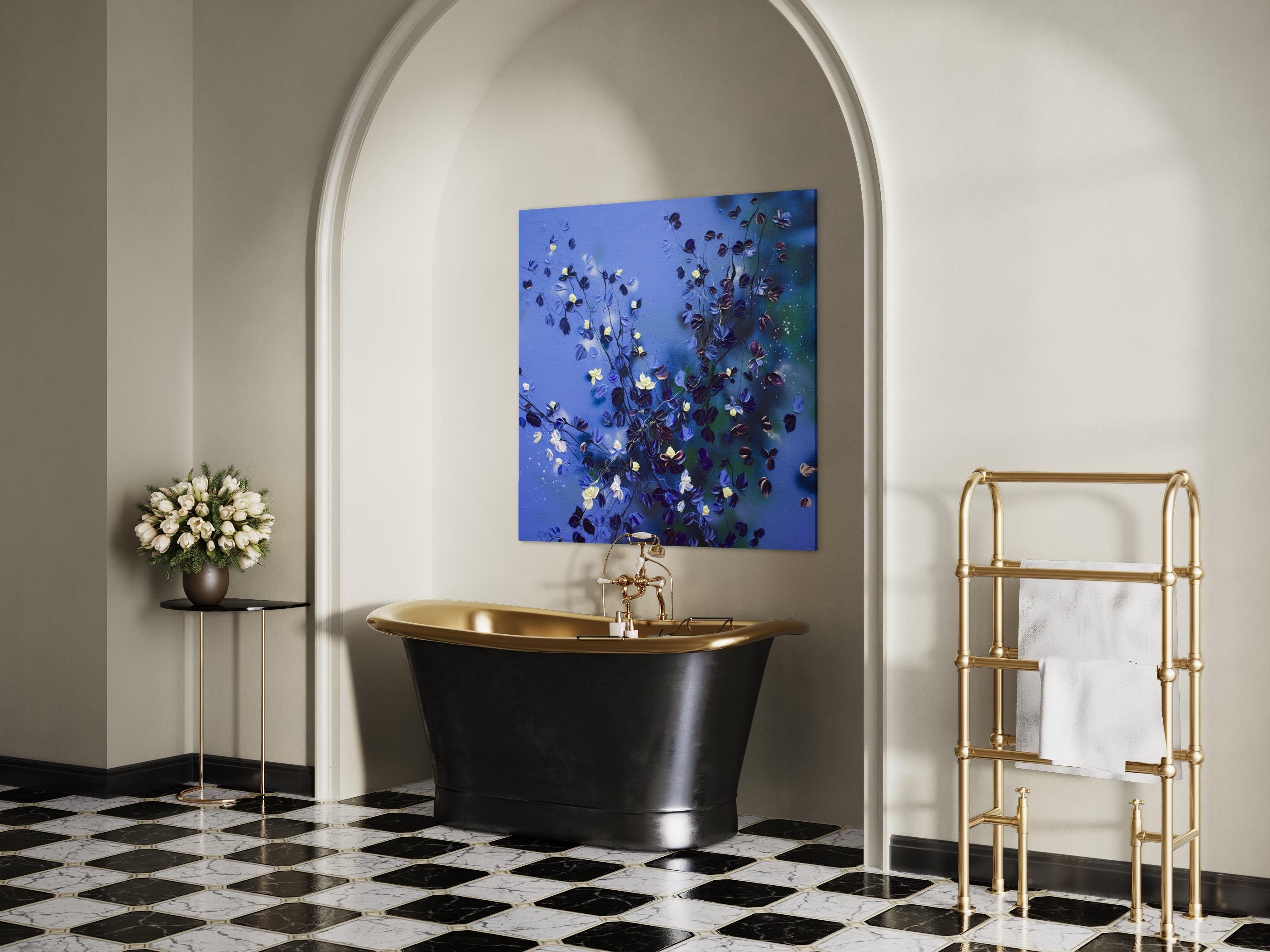Grande peinture carrée bleu floralapphire Rhapsody en vente 10