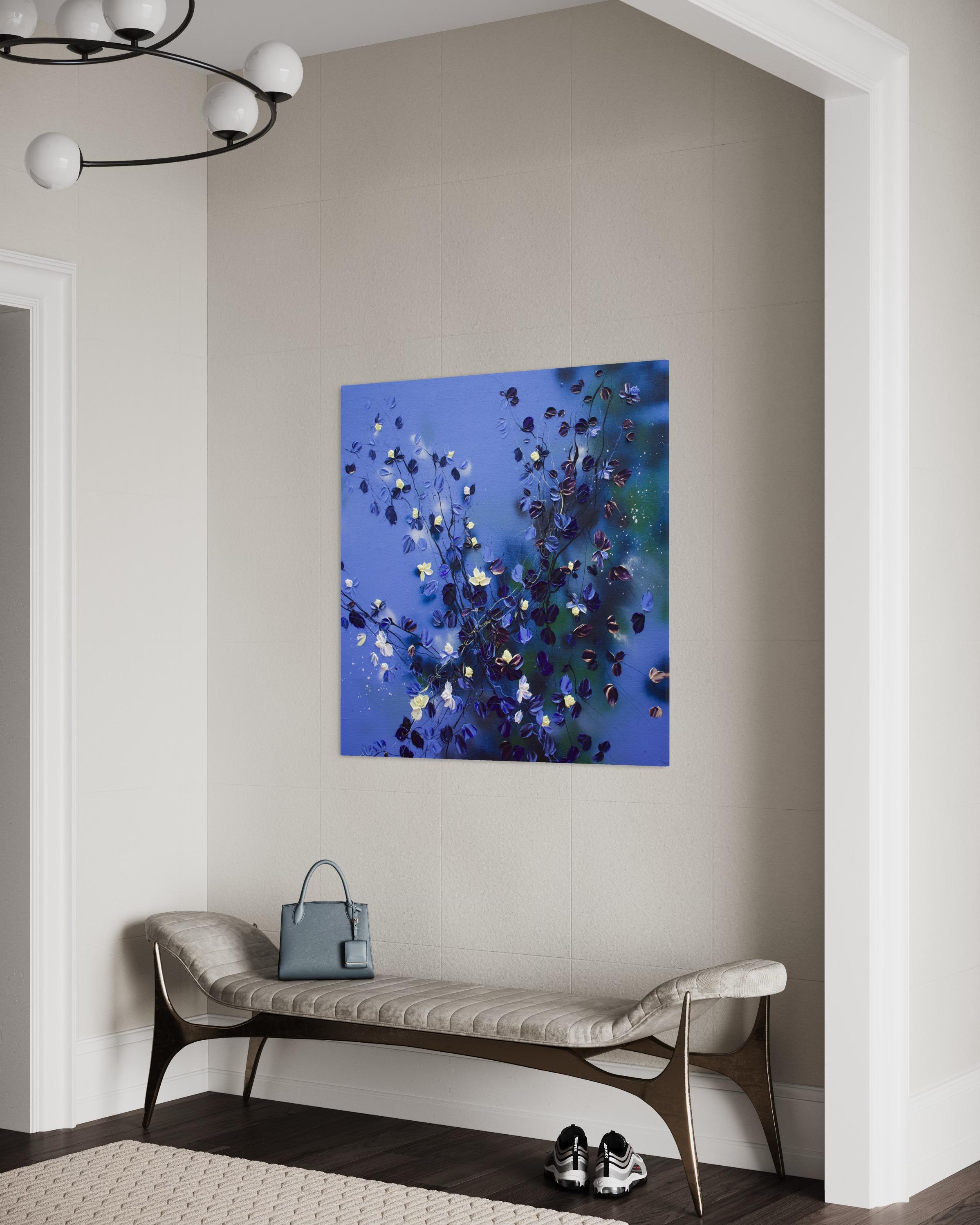 Grande peinture carrée bleu floralapphire Rhapsody en vente 11