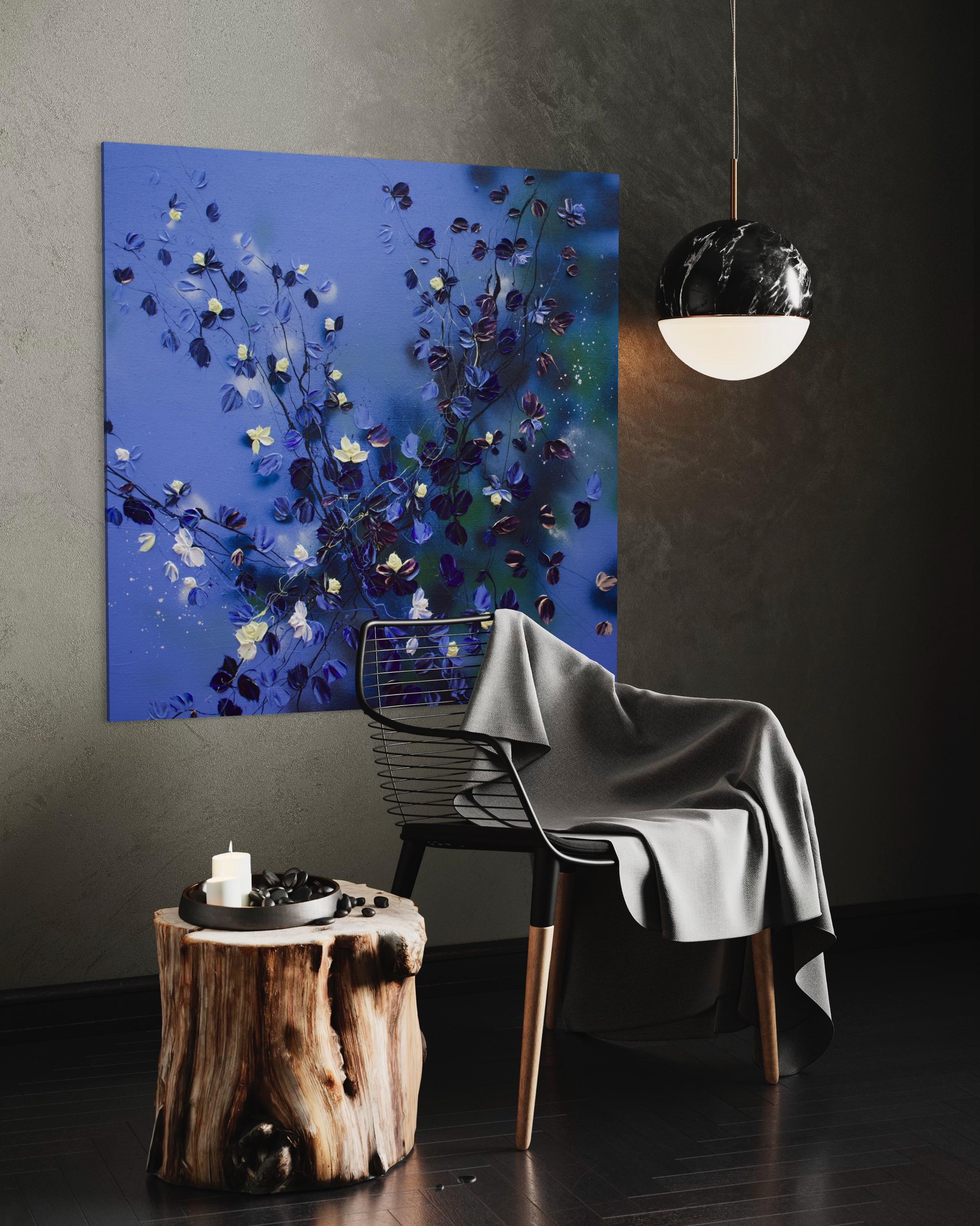 Grande peinture carrée bleu floralapphire Rhapsody en vente 12