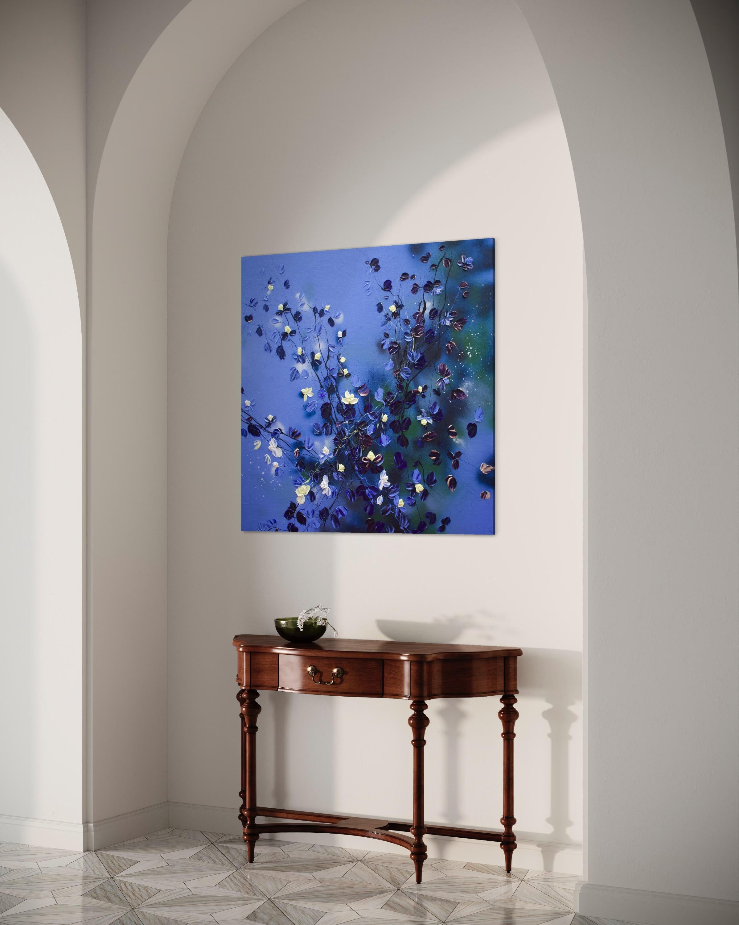 Grande peinture carrée bleu floralapphire Rhapsody en vente 13