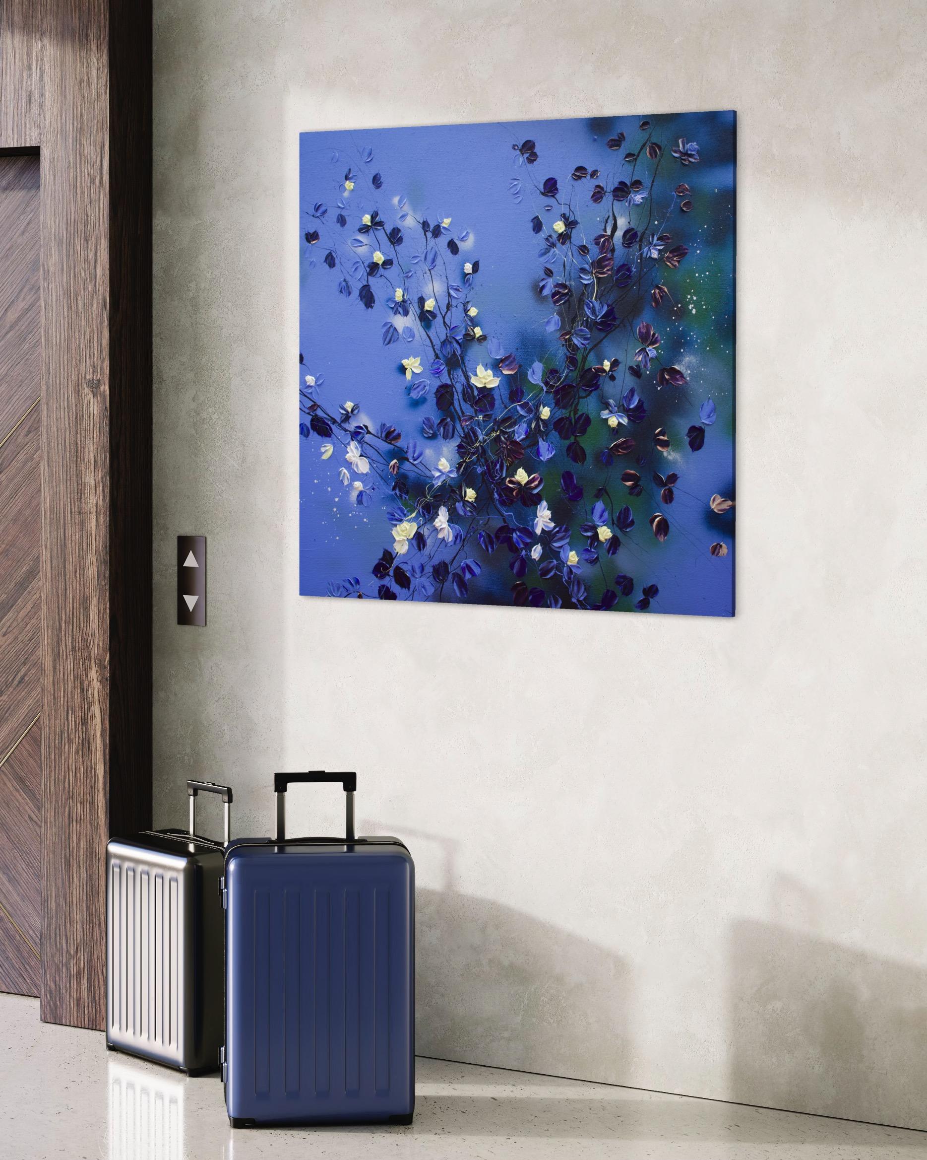 Grande peinture carrée bleu floralapphire Rhapsody en vente 14