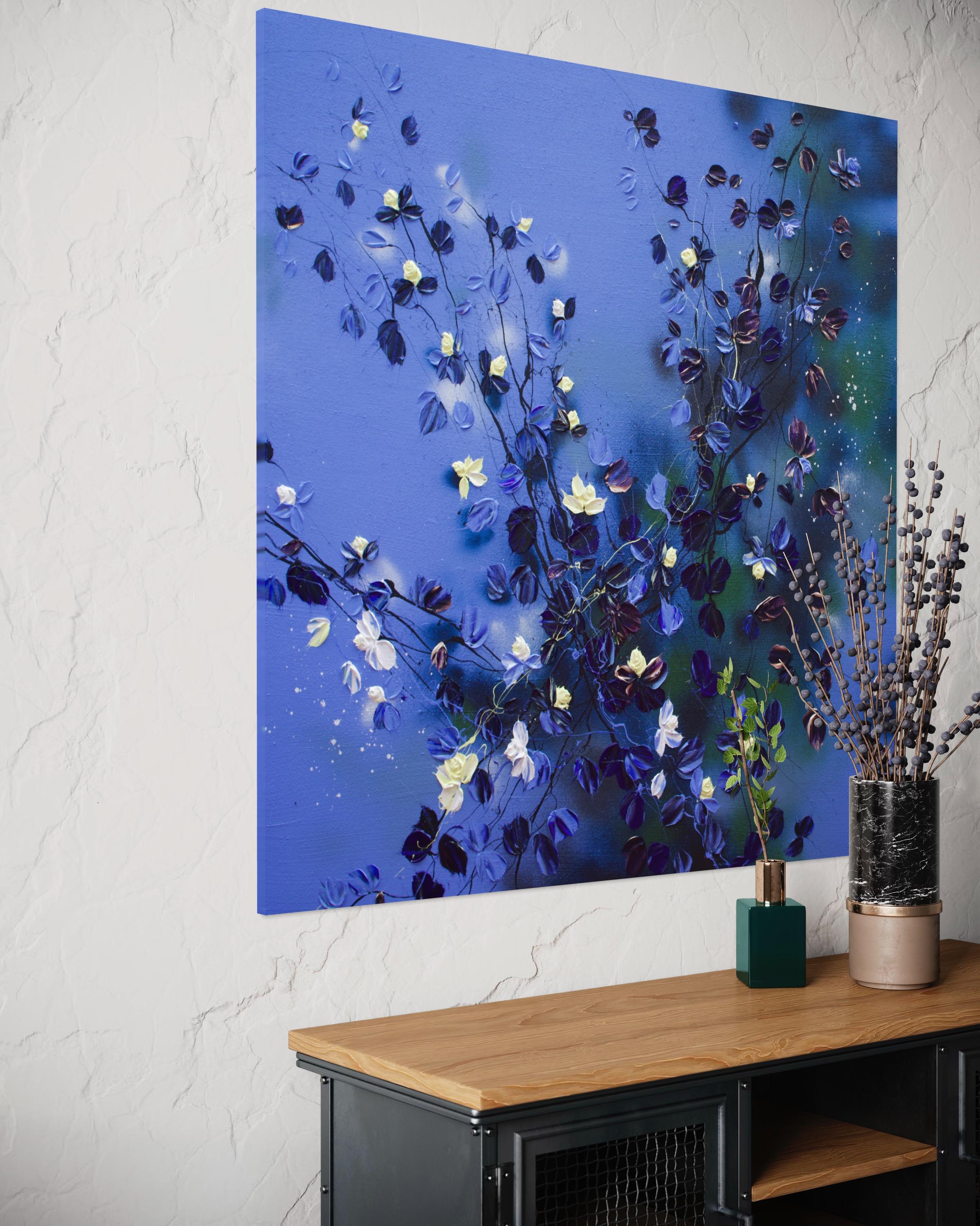 Grande peinture carrée bleu floralapphire Rhapsody en vente 15