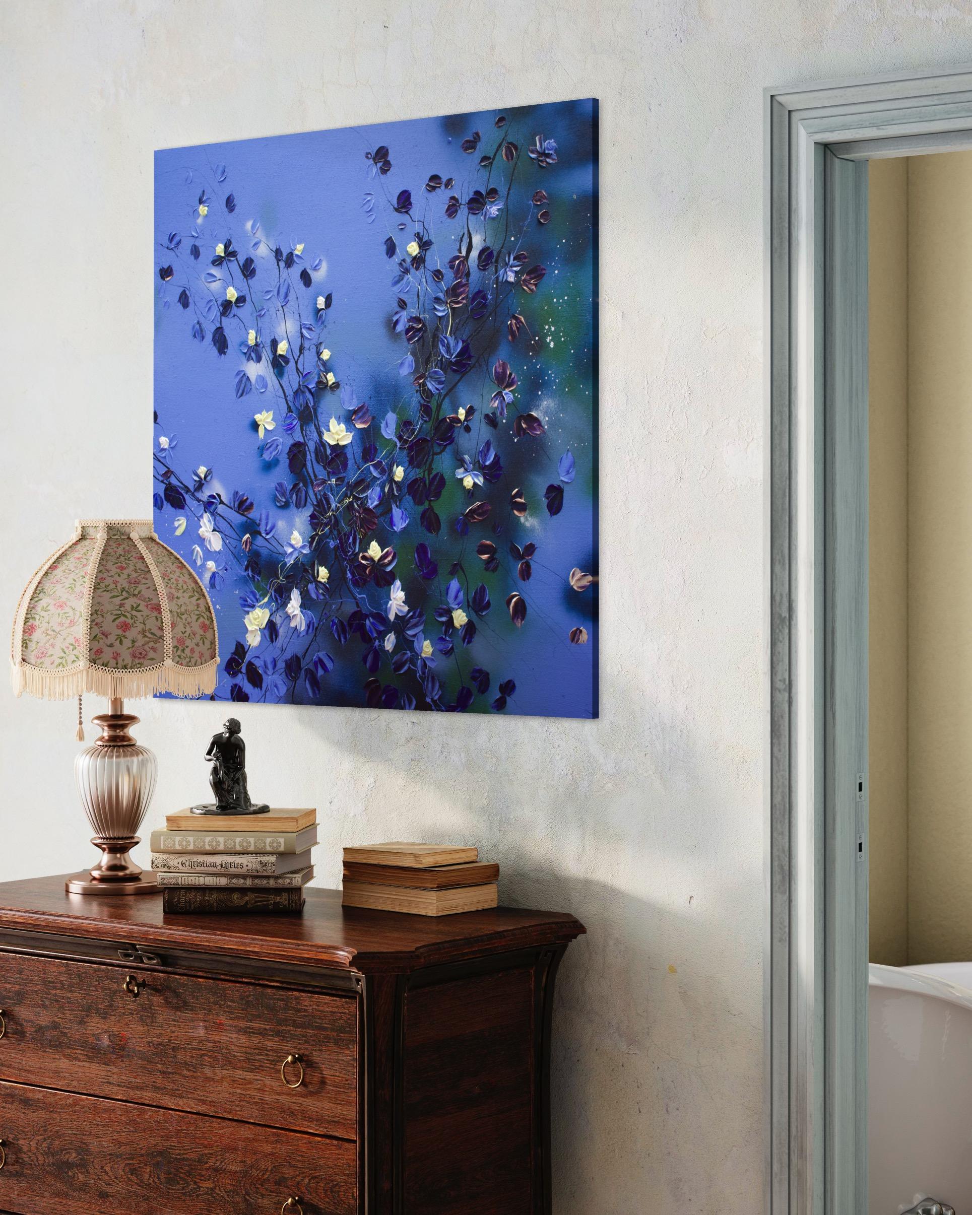 Grande peinture carrée bleu floralapphire Rhapsody en vente 16