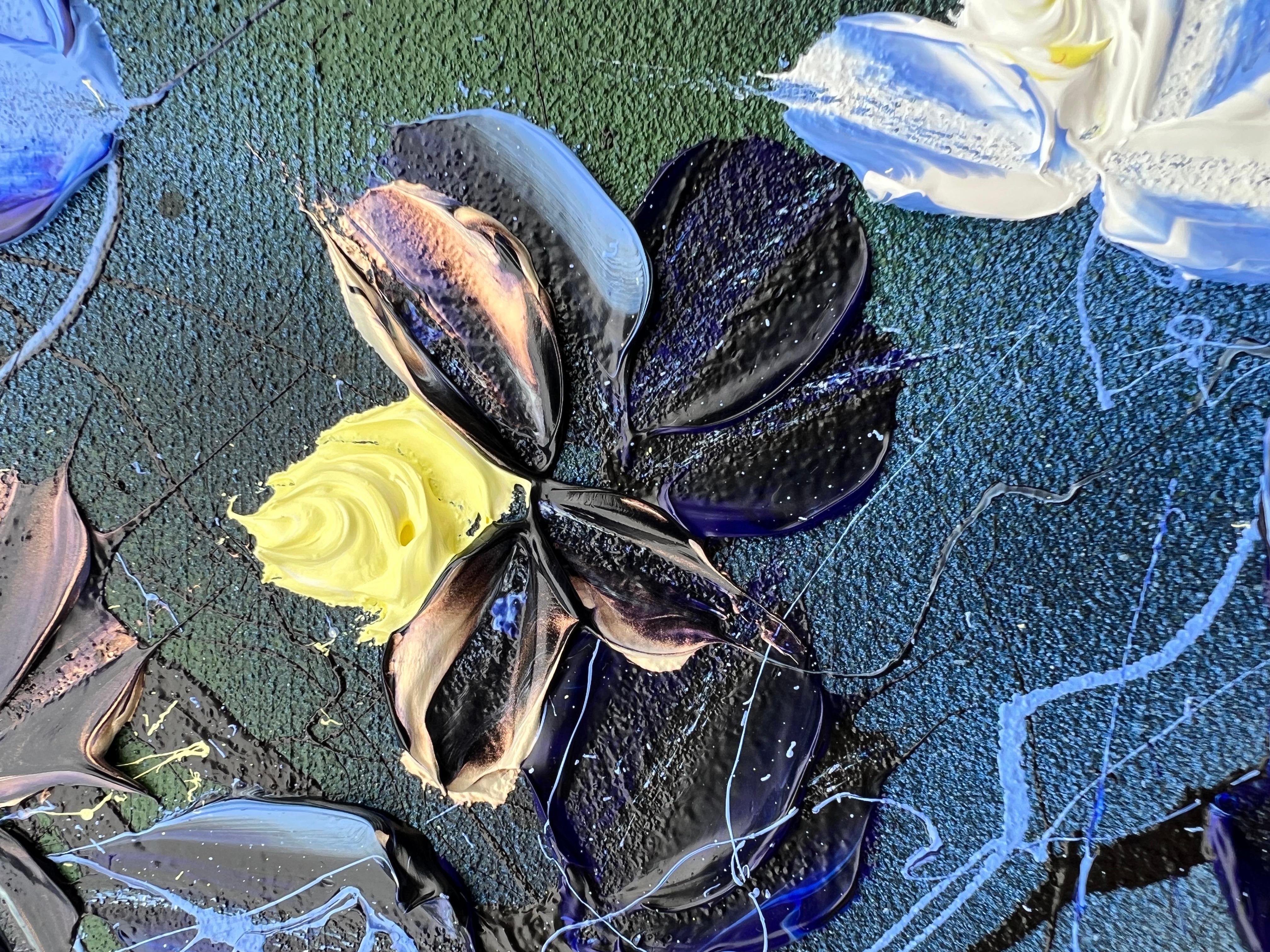 Grande peinture carrée bleu floralapphire Rhapsody en vente 1