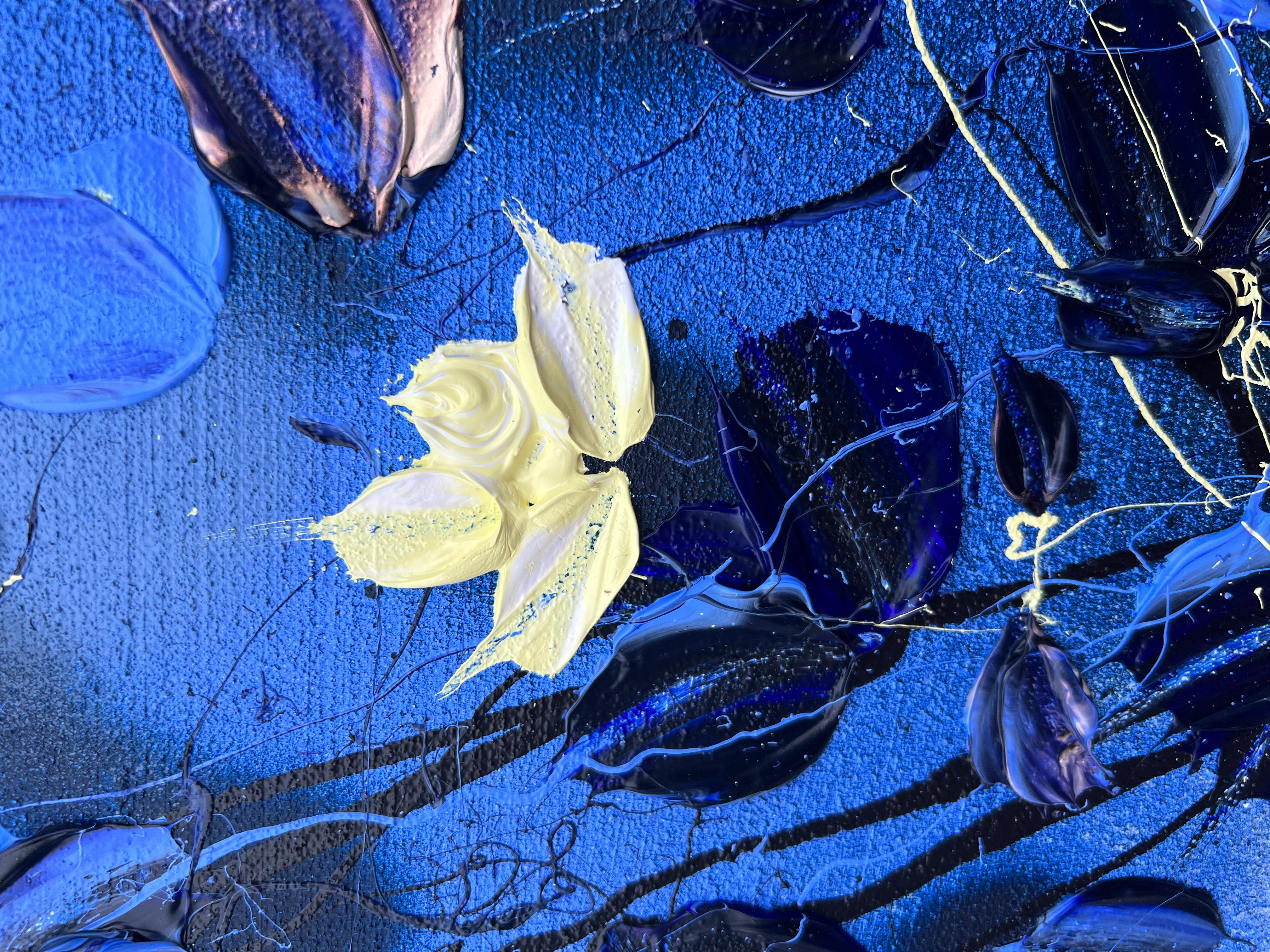 Grande peinture carrée bleu floralapphire Rhapsody en vente 2