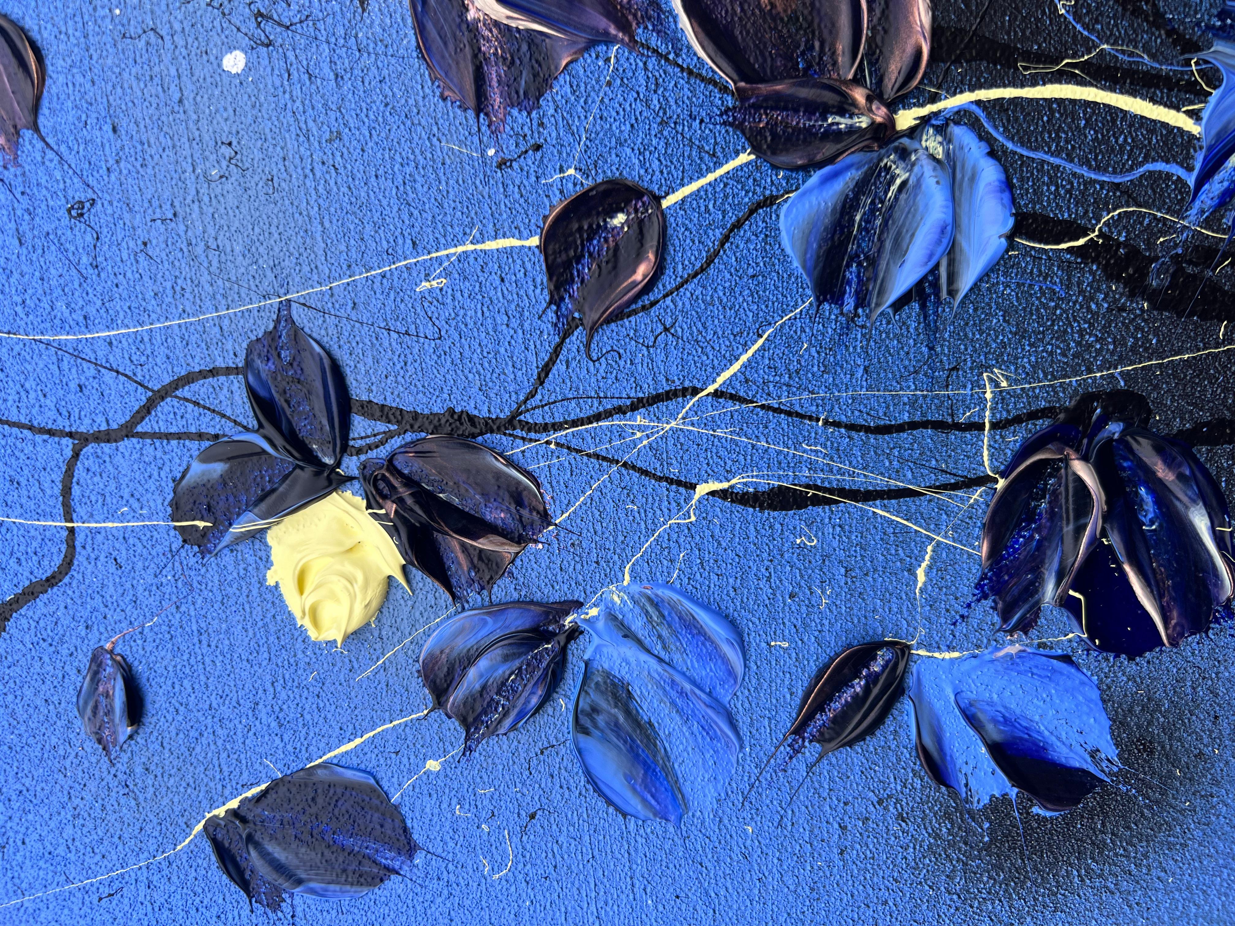 Grande peinture carrée bleu floralapphire Rhapsody en vente 3