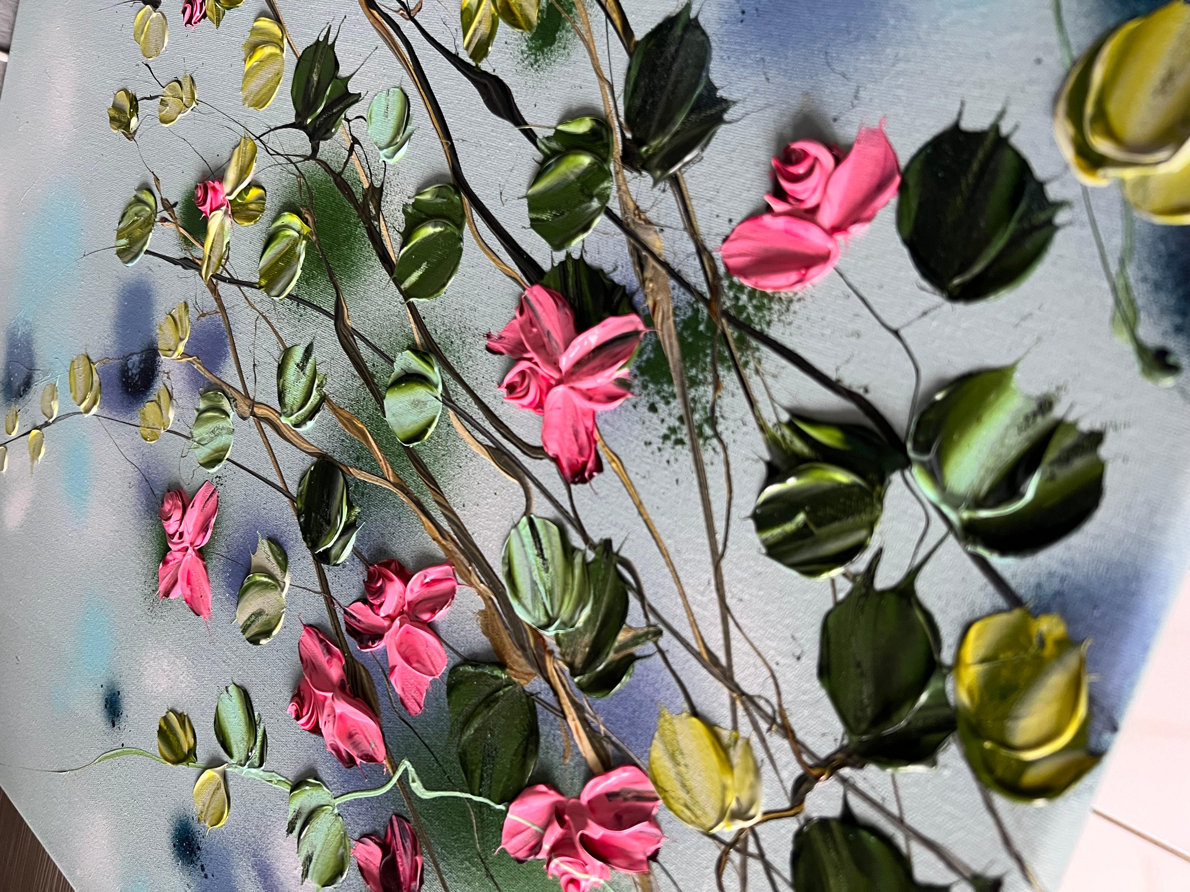 „Satori Blooms“ modernes geblümtes Impasto-Gemälde auf Leinwand im Angebot 11