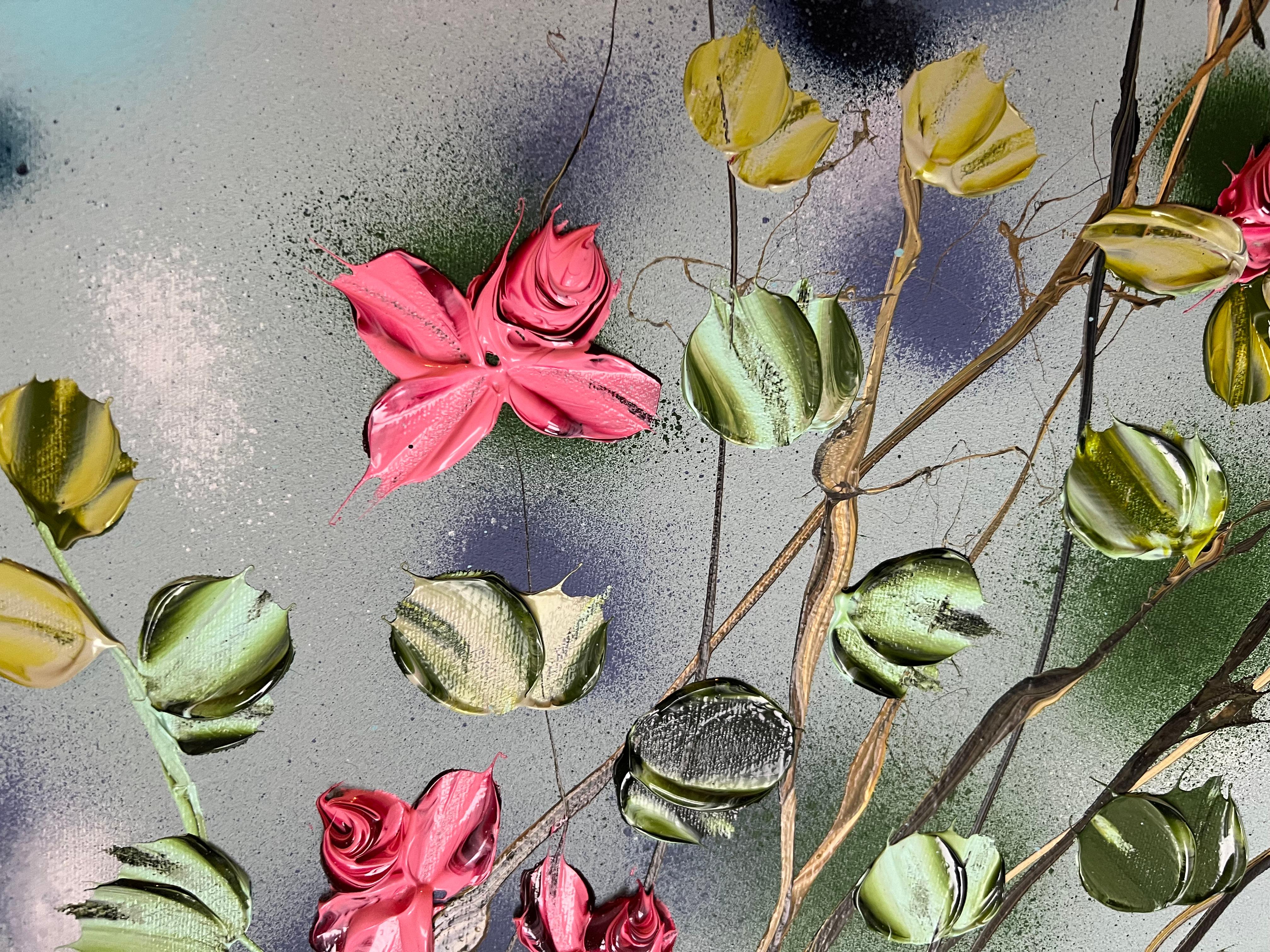 „Satori Blooms“ modernes geblümtes Impasto-Gemälde auf Leinwand – Painting von Anastassia Skopp