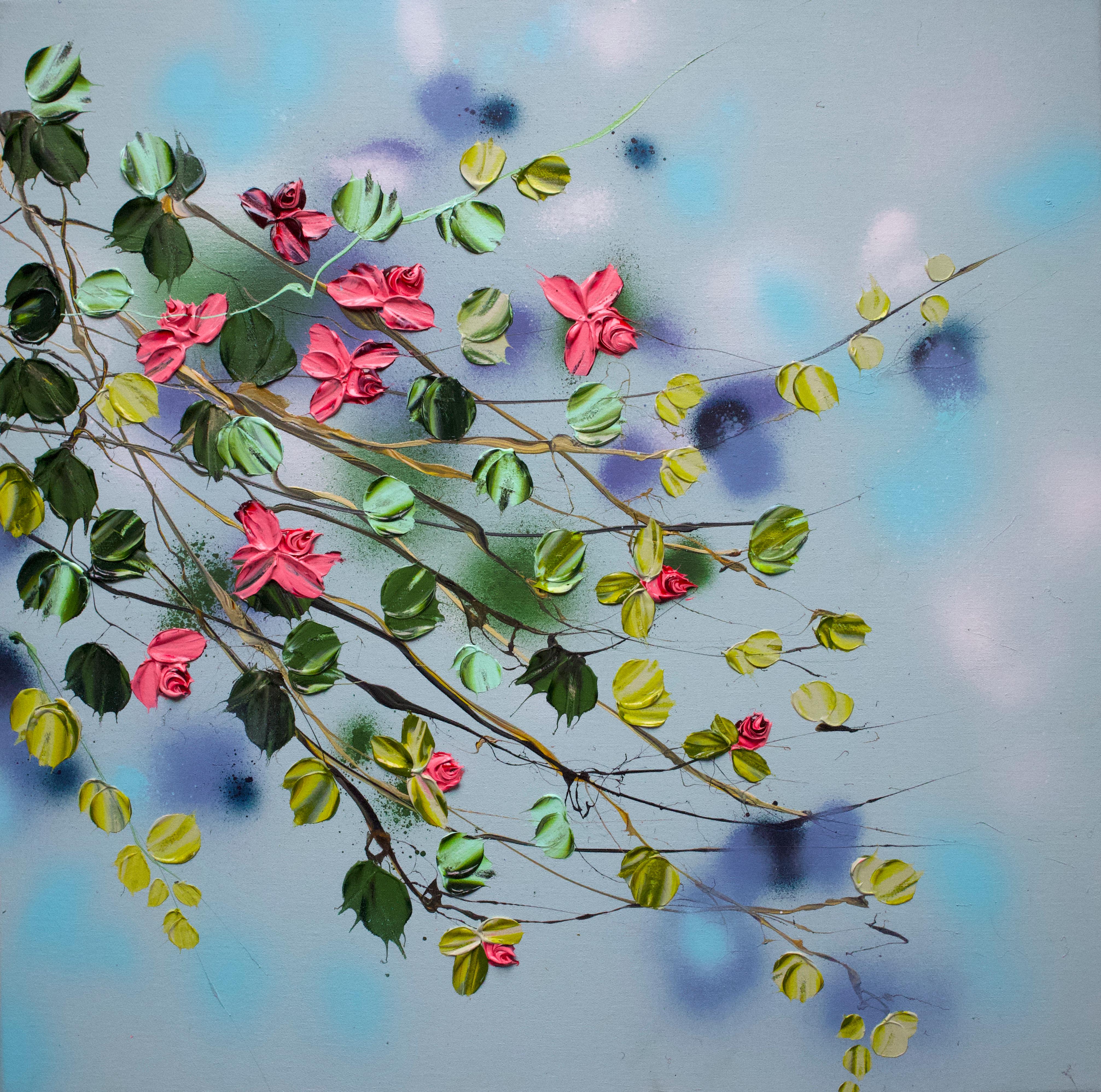 „Satori Blooms“ modernes geblümtes Impasto-Gemälde auf Leinwand