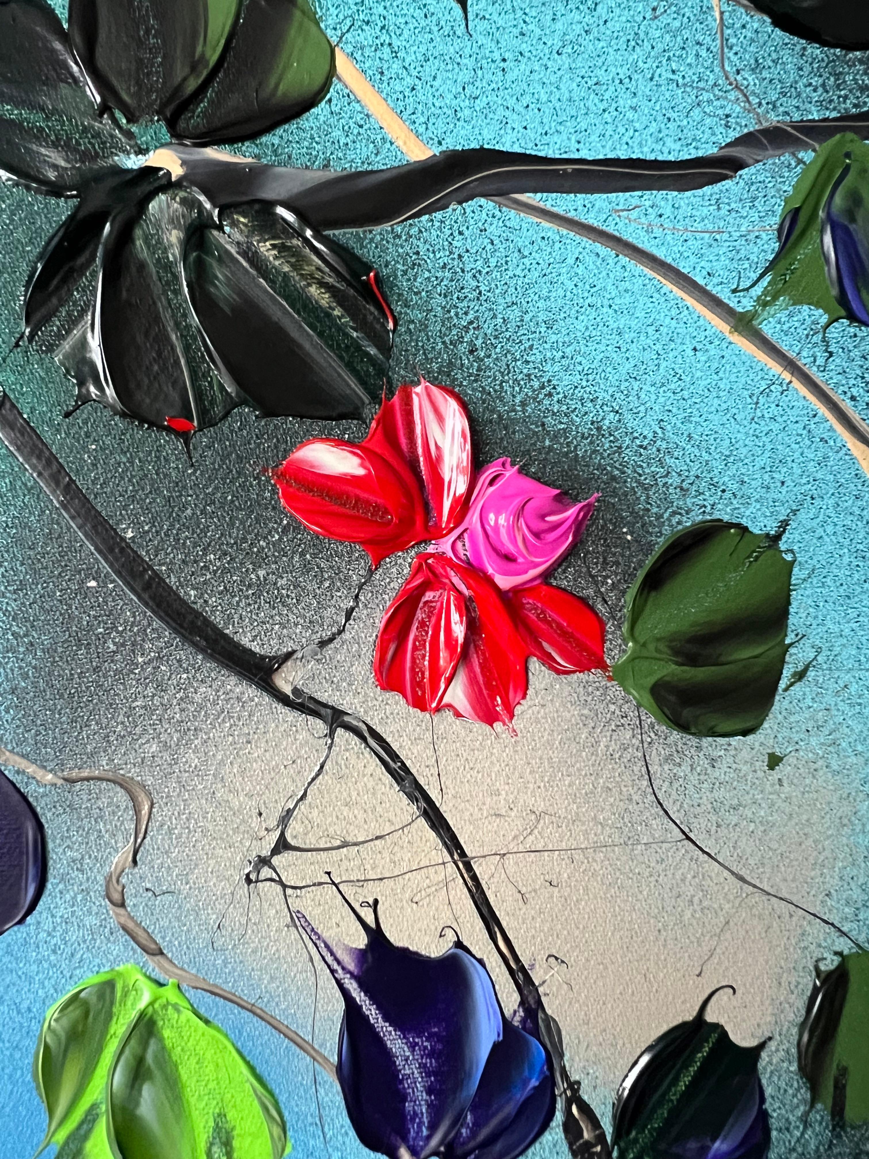 « Sky Blooms II », très grande peinture florale bleue texturée horizontale en vente 5