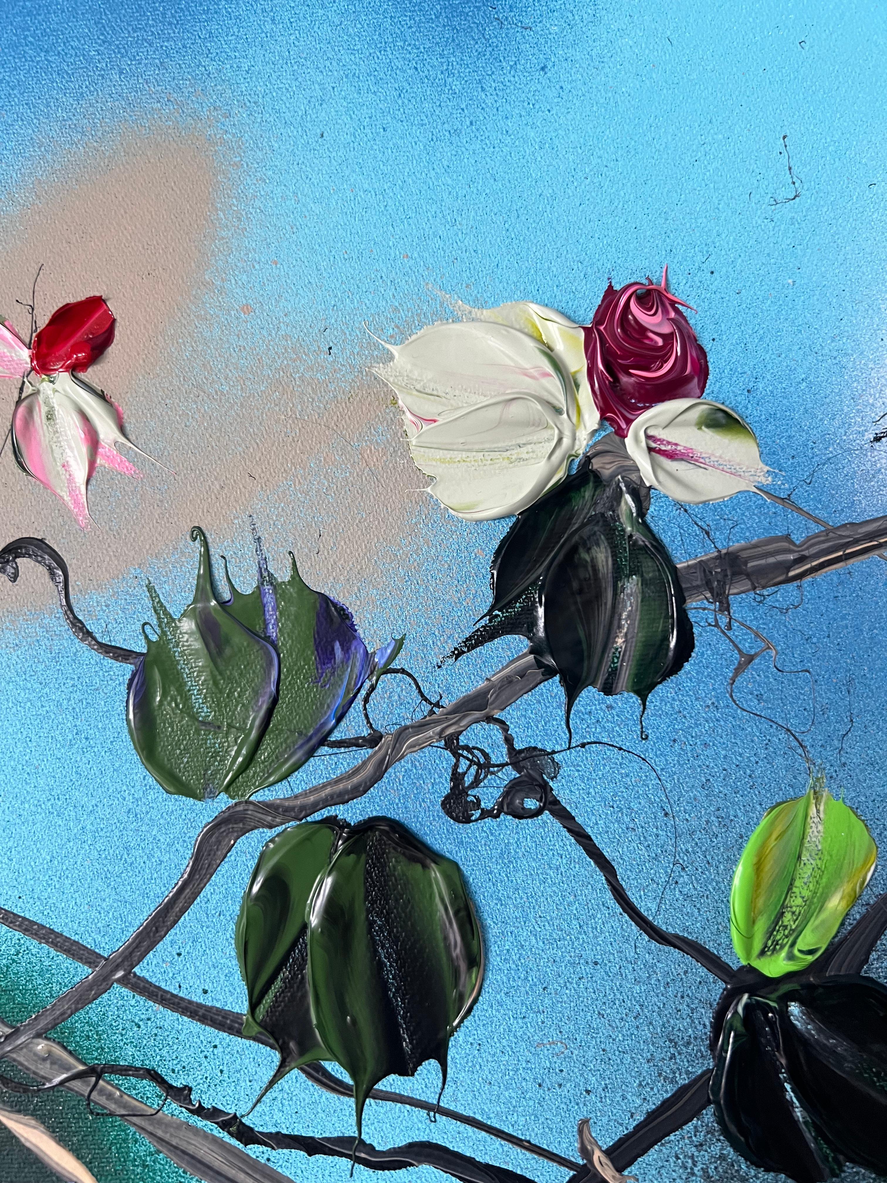 « Sky Blooms II », très grande peinture florale bleue texturée horizontale en vente 7
