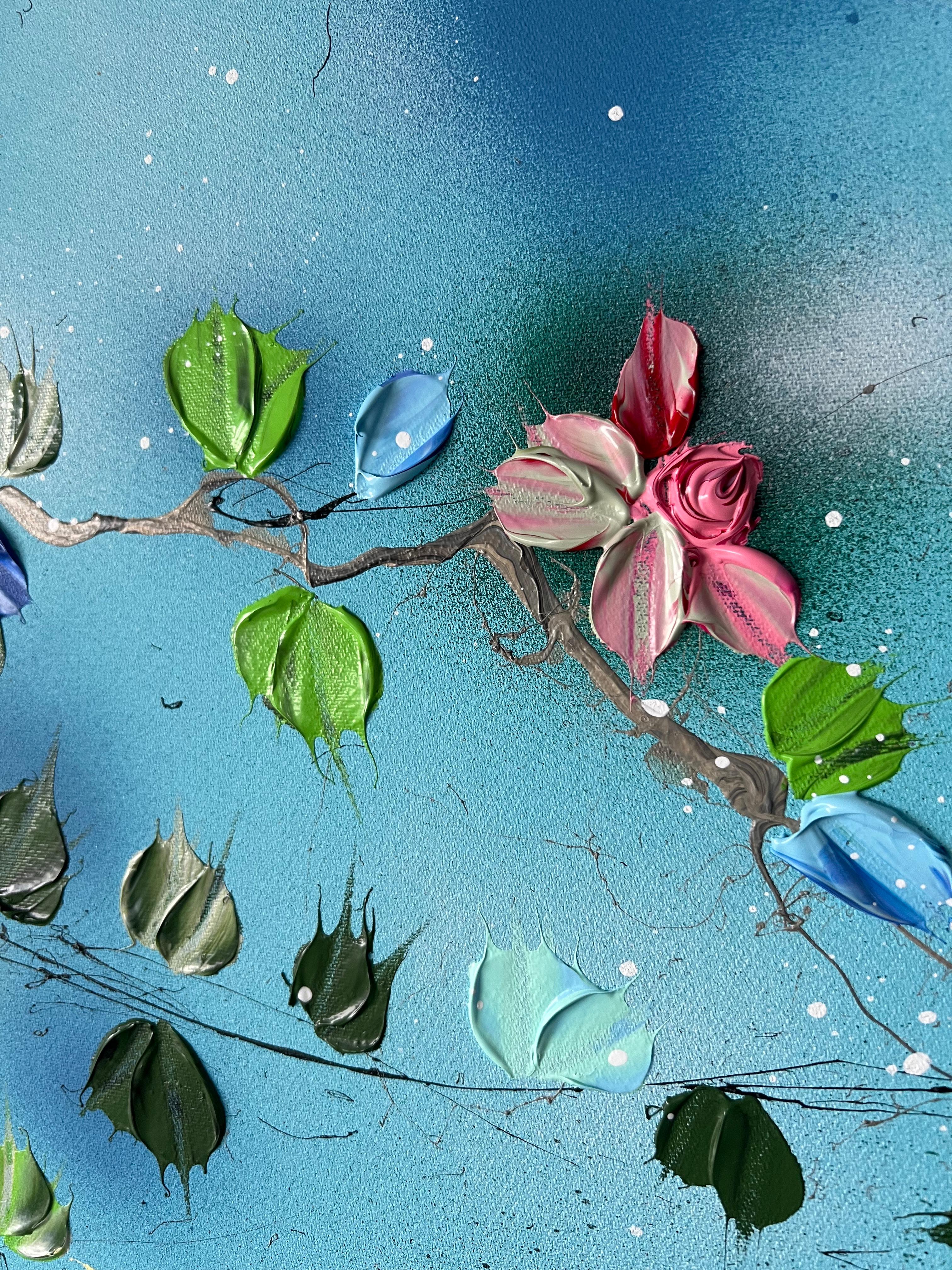 « Sky Blooms II », très grande peinture florale bleue texturée horizontale en vente 8