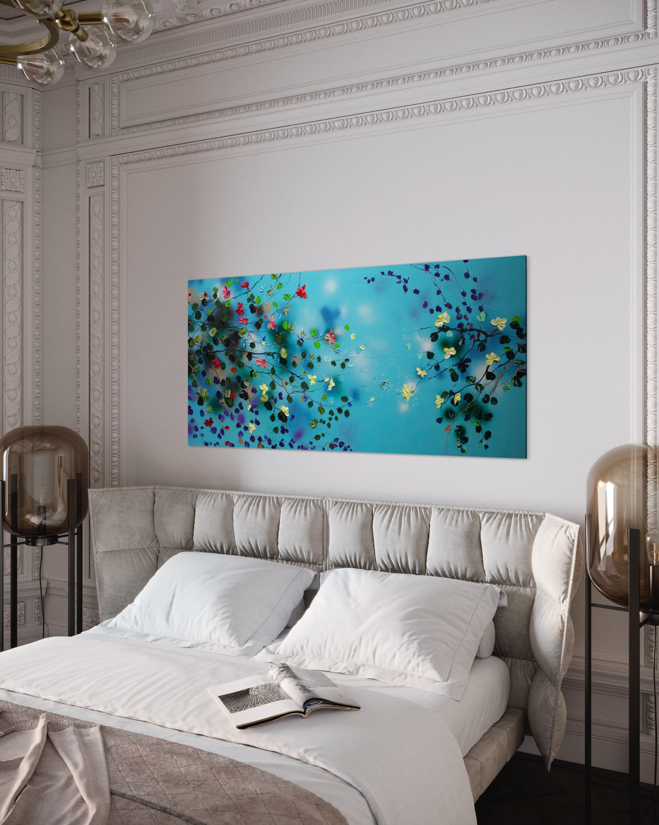 „Sky Blooms II“ geblümtes sehr großes blaues florales horizontales strukturiertes Gemälde mit Blumenmuster im Angebot 10