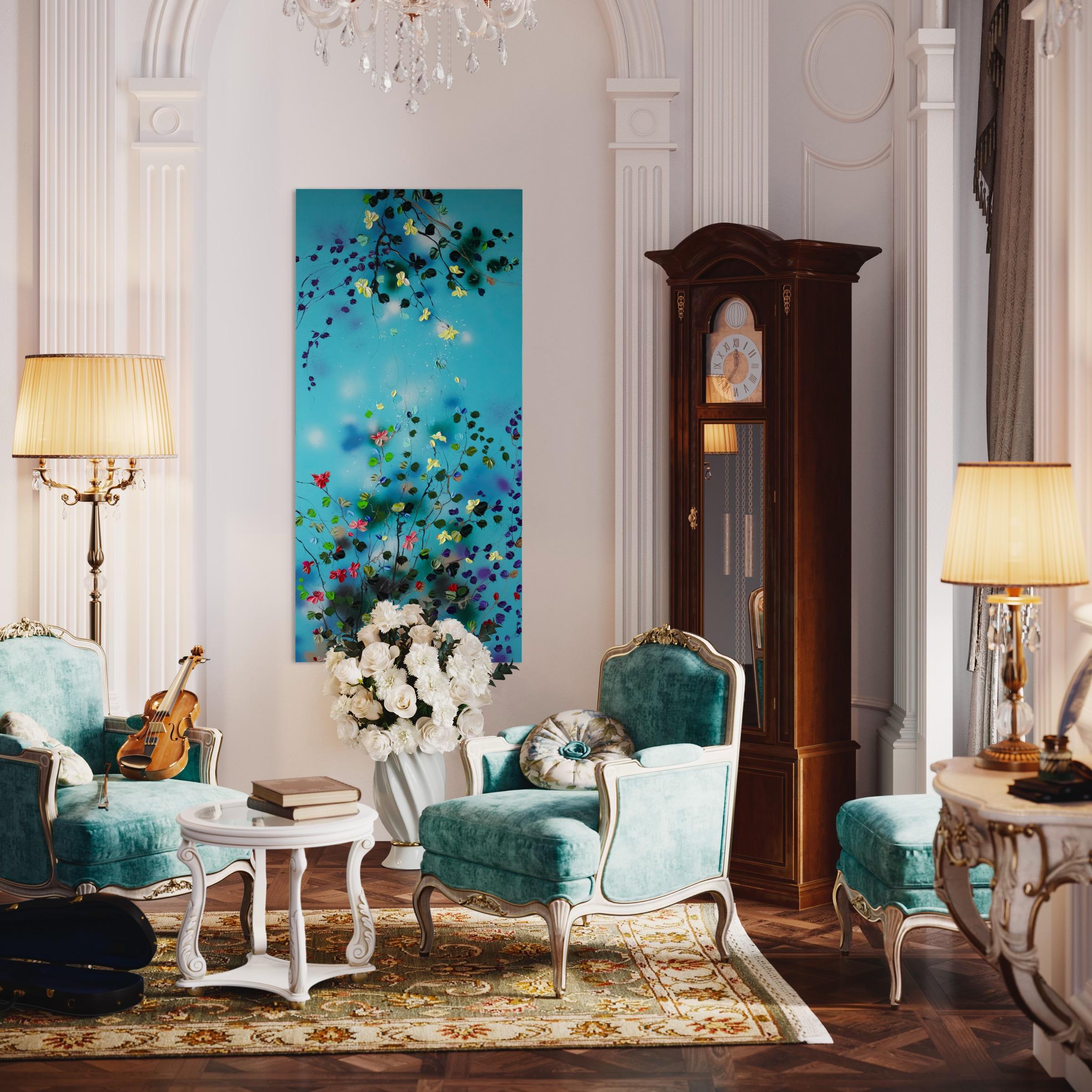 « Sky Blooms II », très grande peinture florale bleue texturée horizontale en vente 10