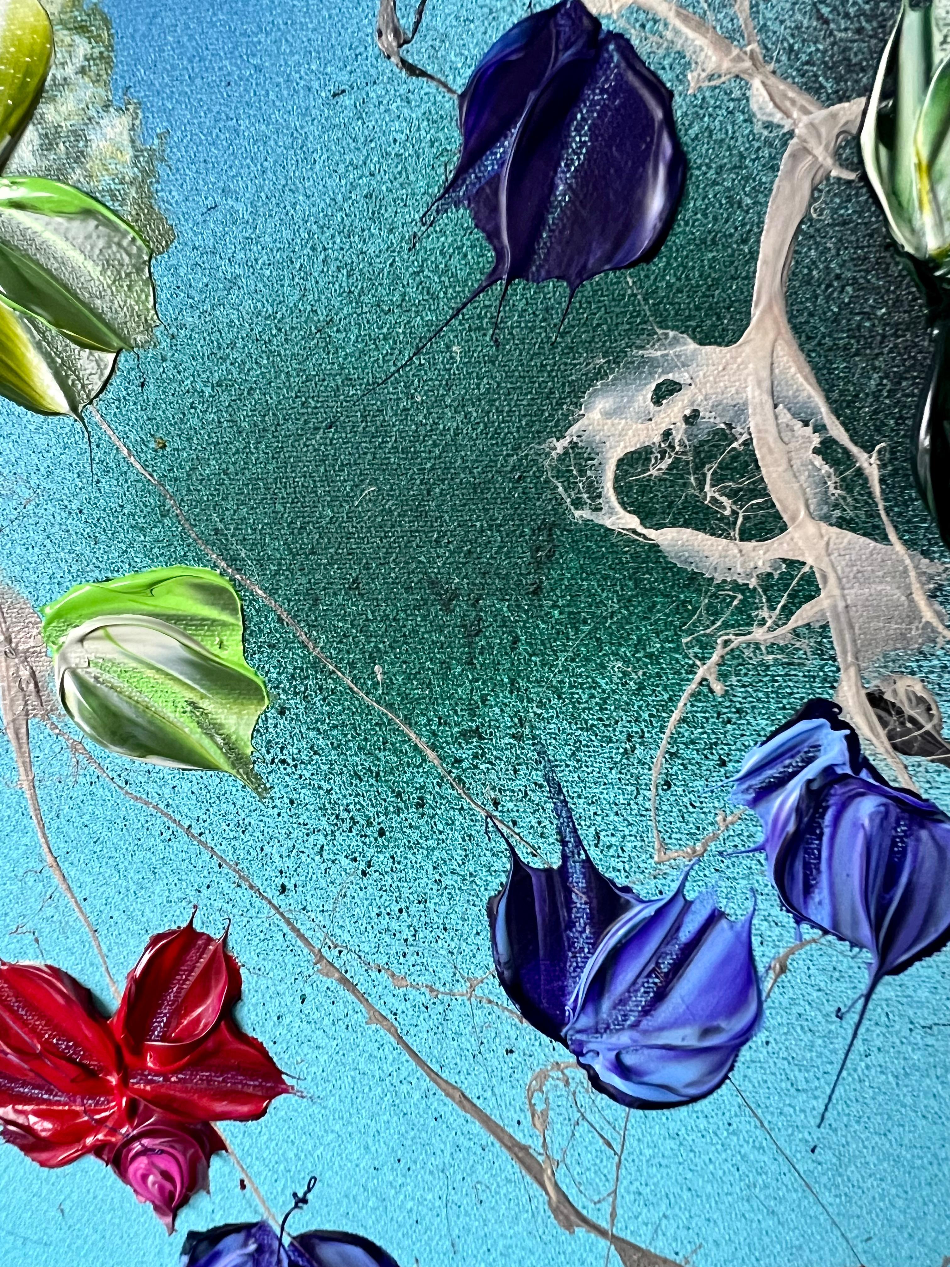 « Sky Blooms II », très grande peinture florale bleue texturée horizontale en vente 11