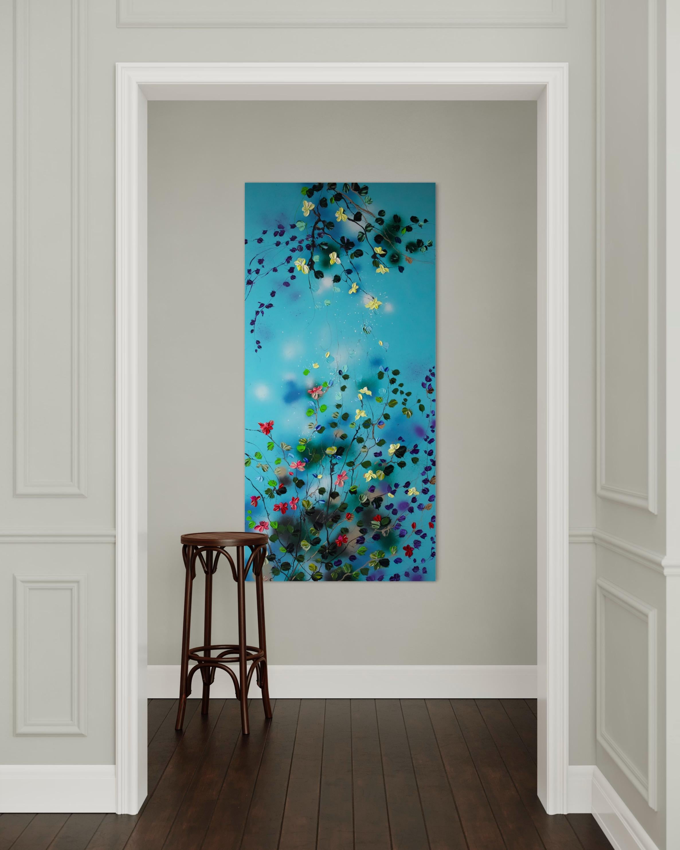 „Sky Blooms II“ geblümtes sehr großes blaues florales horizontales strukturiertes Gemälde mit Blumenmuster im Angebot 14