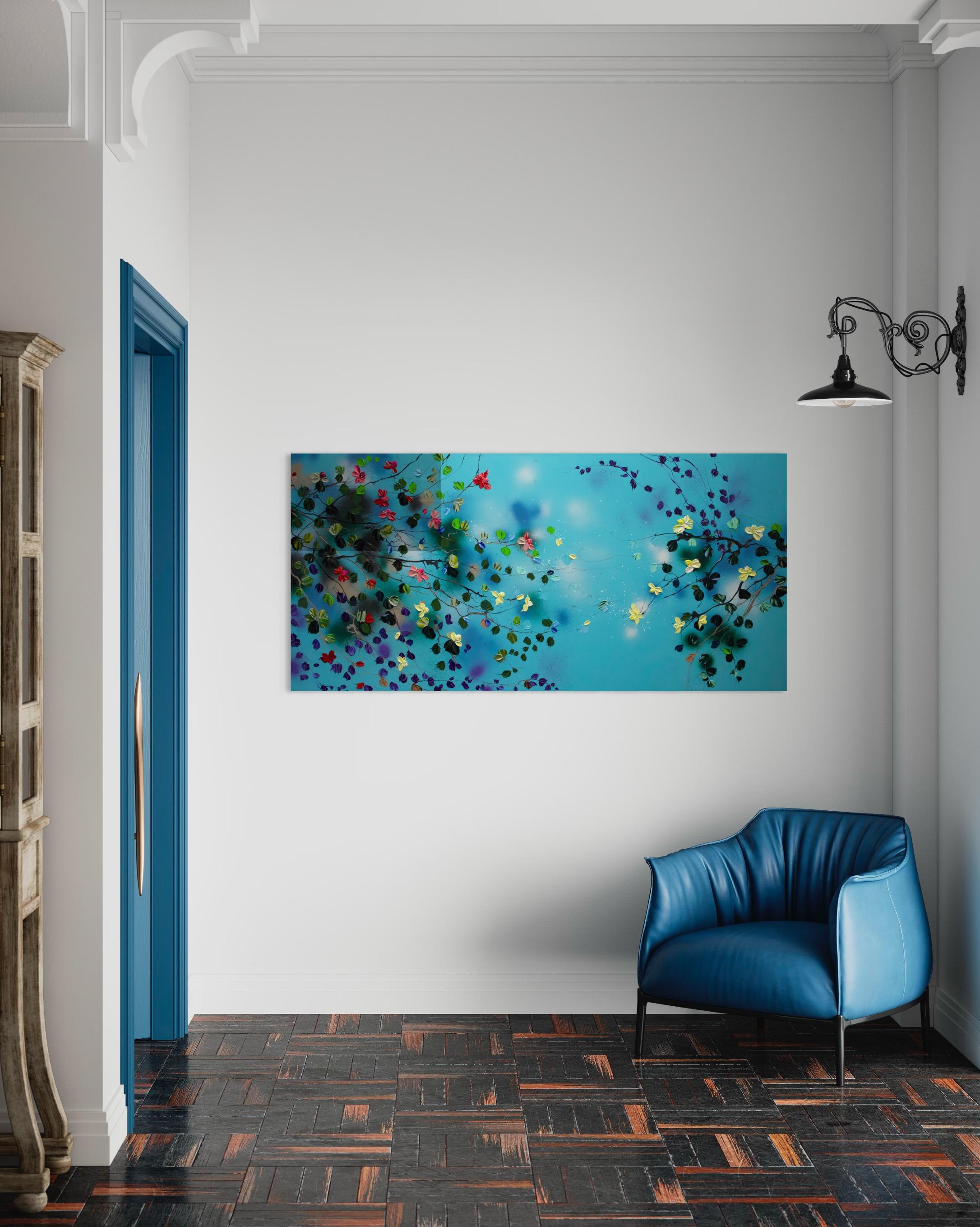 « Sky Blooms II », très grande peinture florale bleue texturée horizontale en vente 14