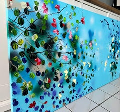 "Sky Blooms II" floral very large blue floral horizontal textured painting