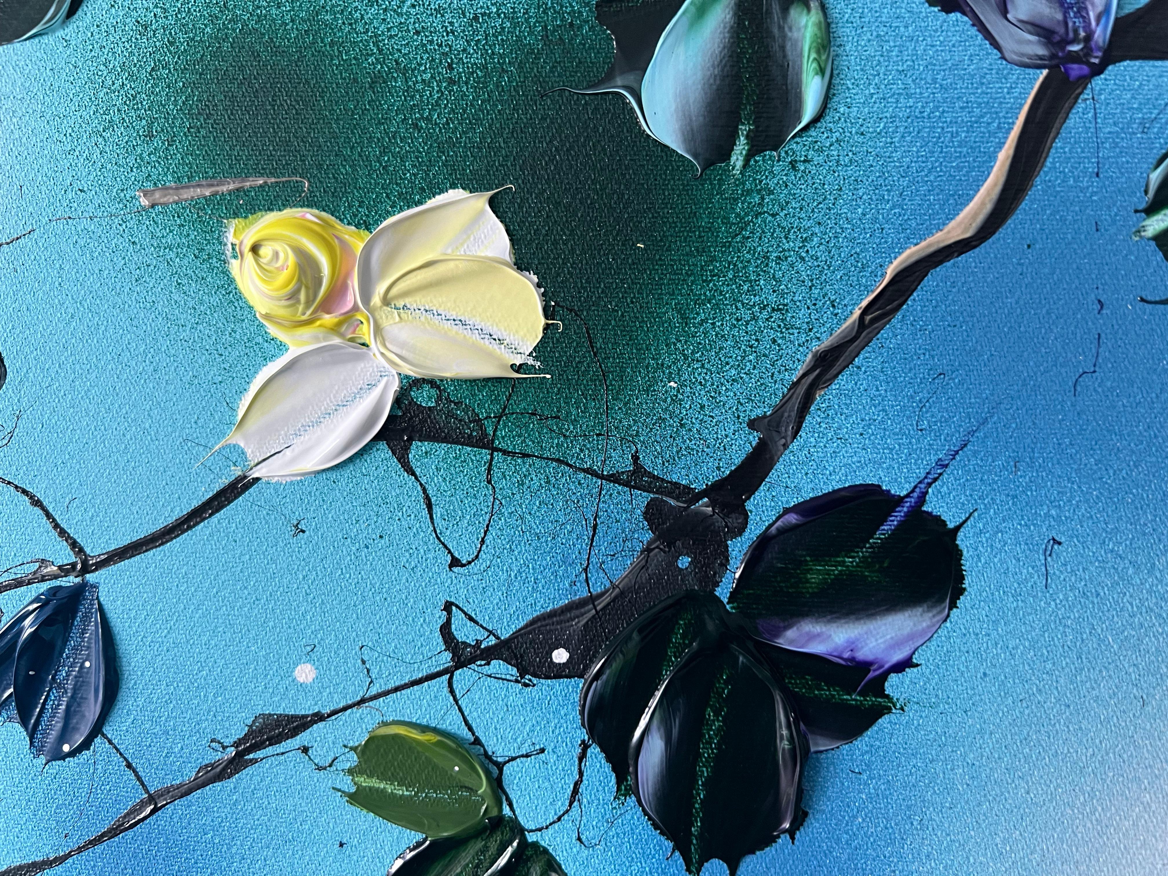„Sky Blooms II“ geblümtes sehr großes blaues florales horizontales strukturiertes Gemälde mit Blumenmuster im Angebot 1