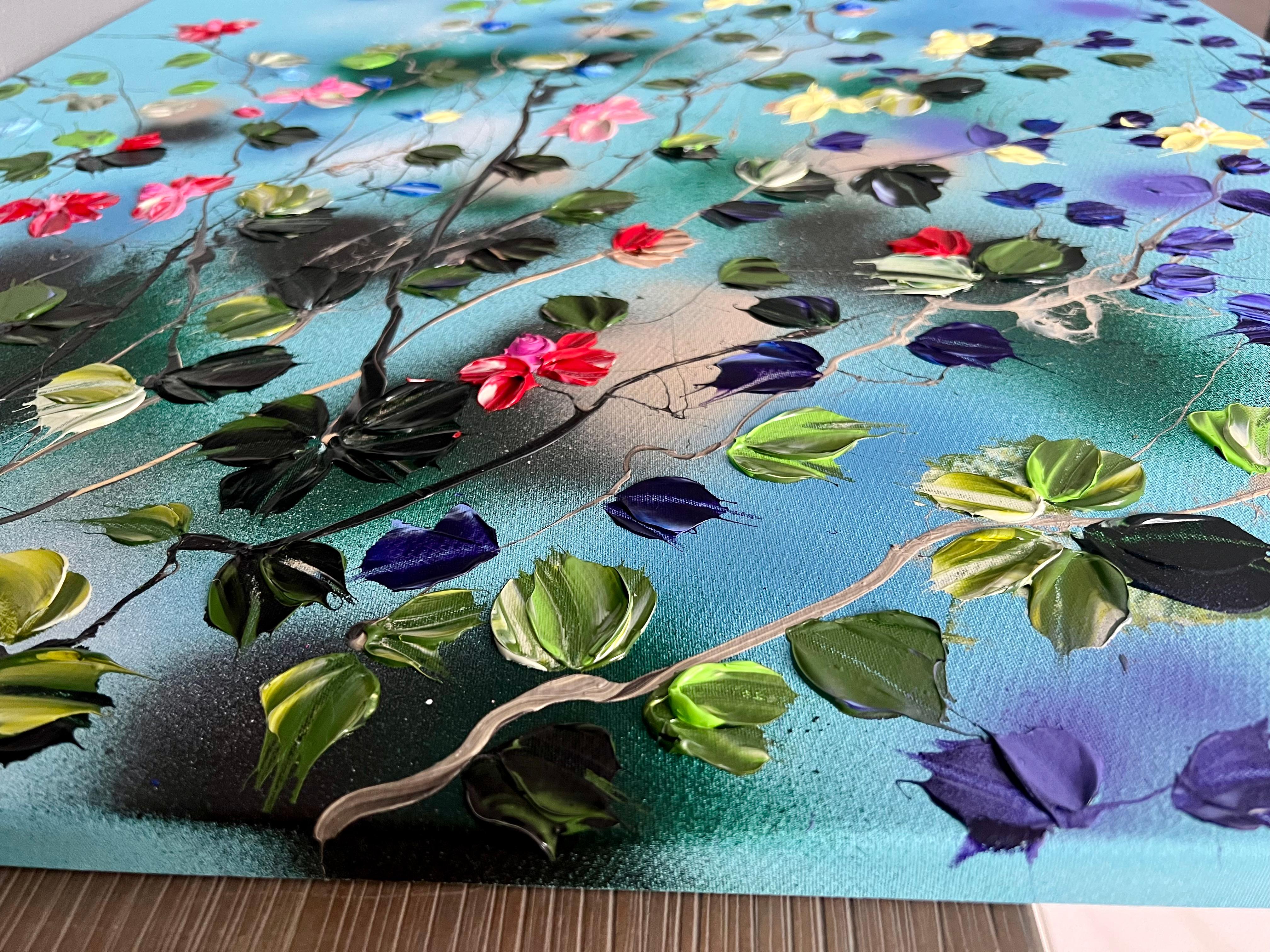 „Sky Blooms II“ geblümtes sehr großes blaues florales horizontales strukturiertes Gemälde mit Blumenmuster im Angebot 2