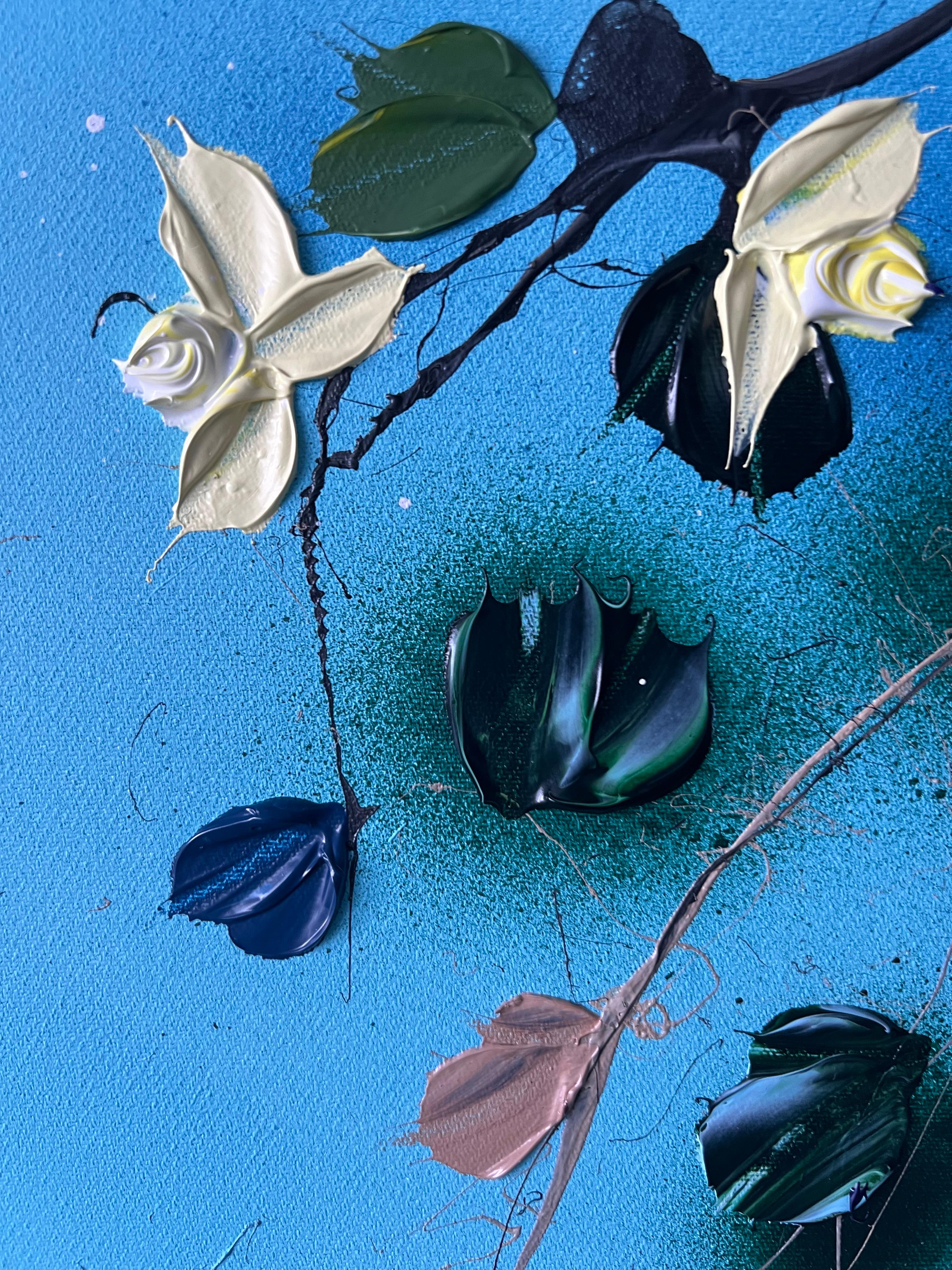 „Sky Blooms II“ geblümtes sehr großes blaues florales horizontales strukturiertes Gemälde mit Blumenmuster im Angebot 3