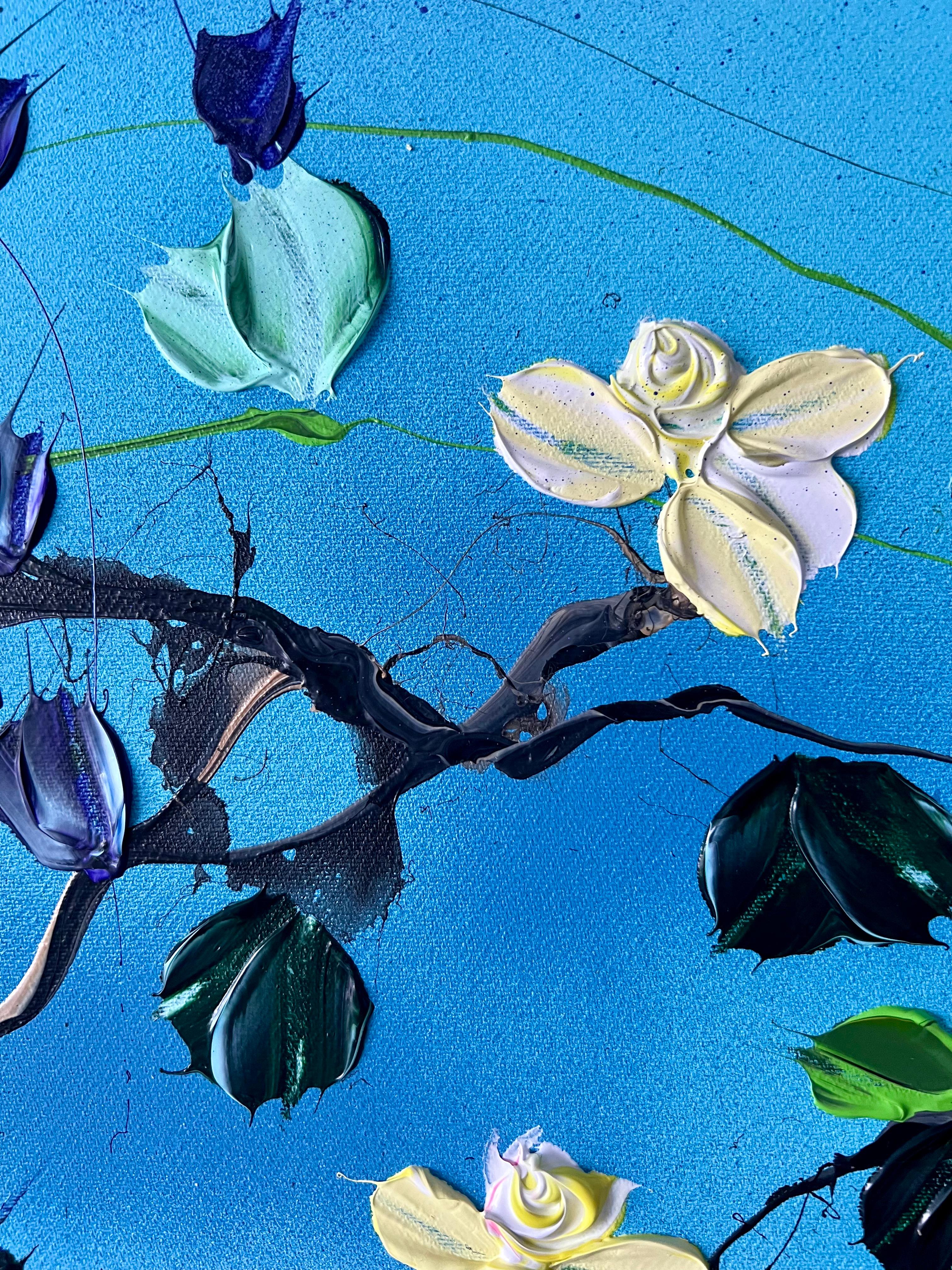 „Sky Blooms II“ geblümtes sehr großes blaues florales horizontales strukturiertes Gemälde mit Blumenmuster im Angebot 5