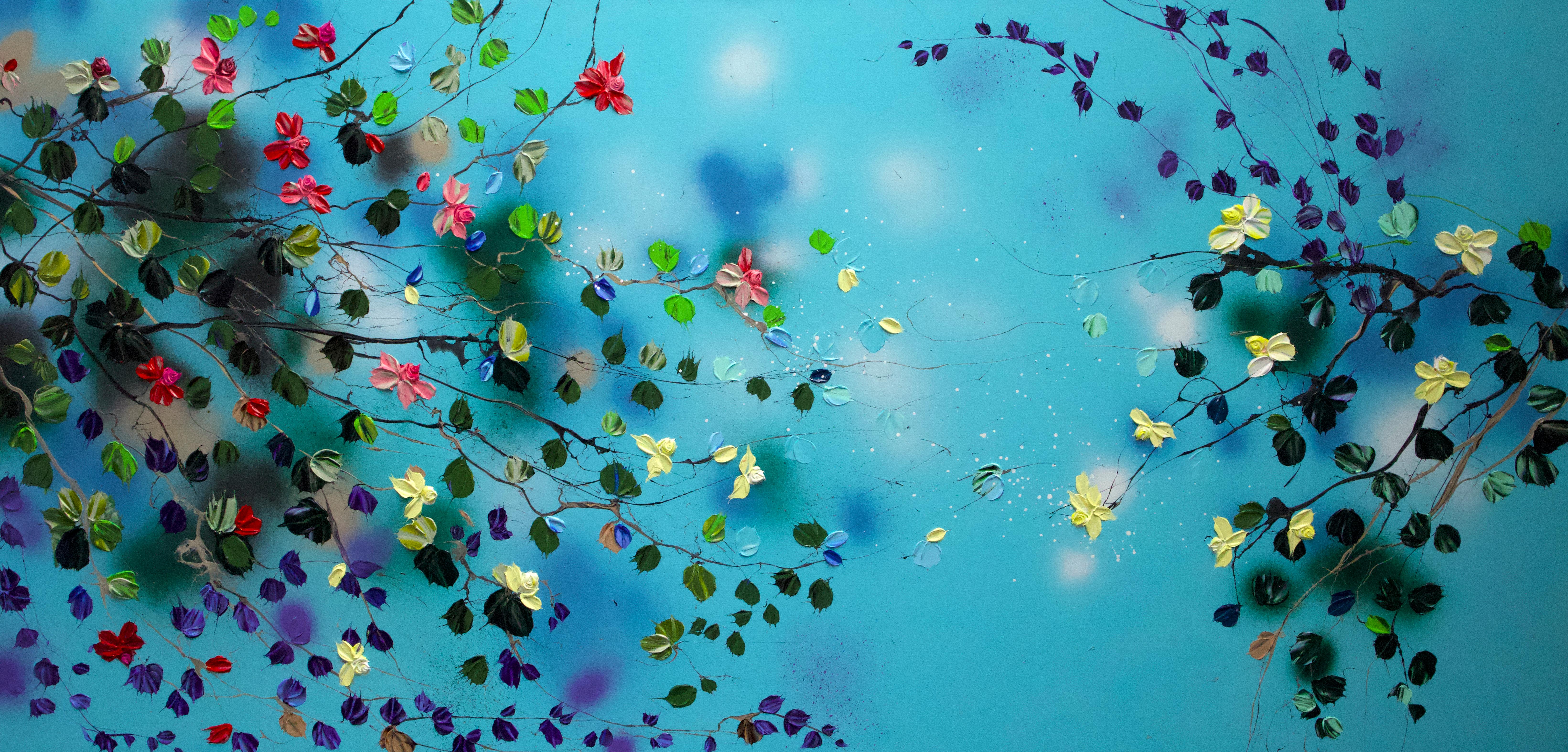 Anastassia Skopp Interior Painting – „Sky Blooms II“ geblümtes sehr großes blaues florales horizontales strukturiertes Gemälde mit Blumenmuster