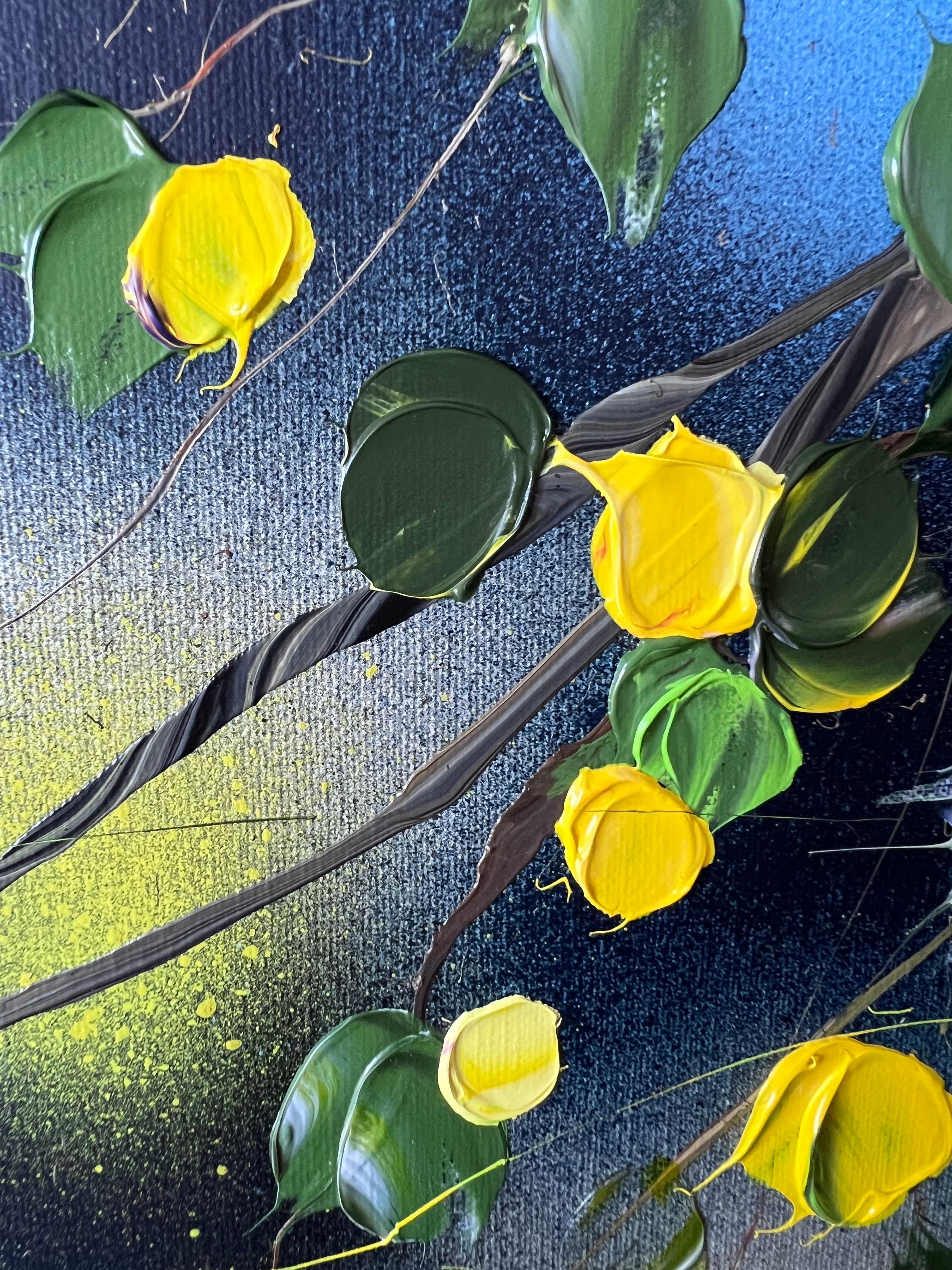 Some Yellow Flowers - original impressionistic floral art on linen canvas - Gray Interior Painting by Anastassia Skopp