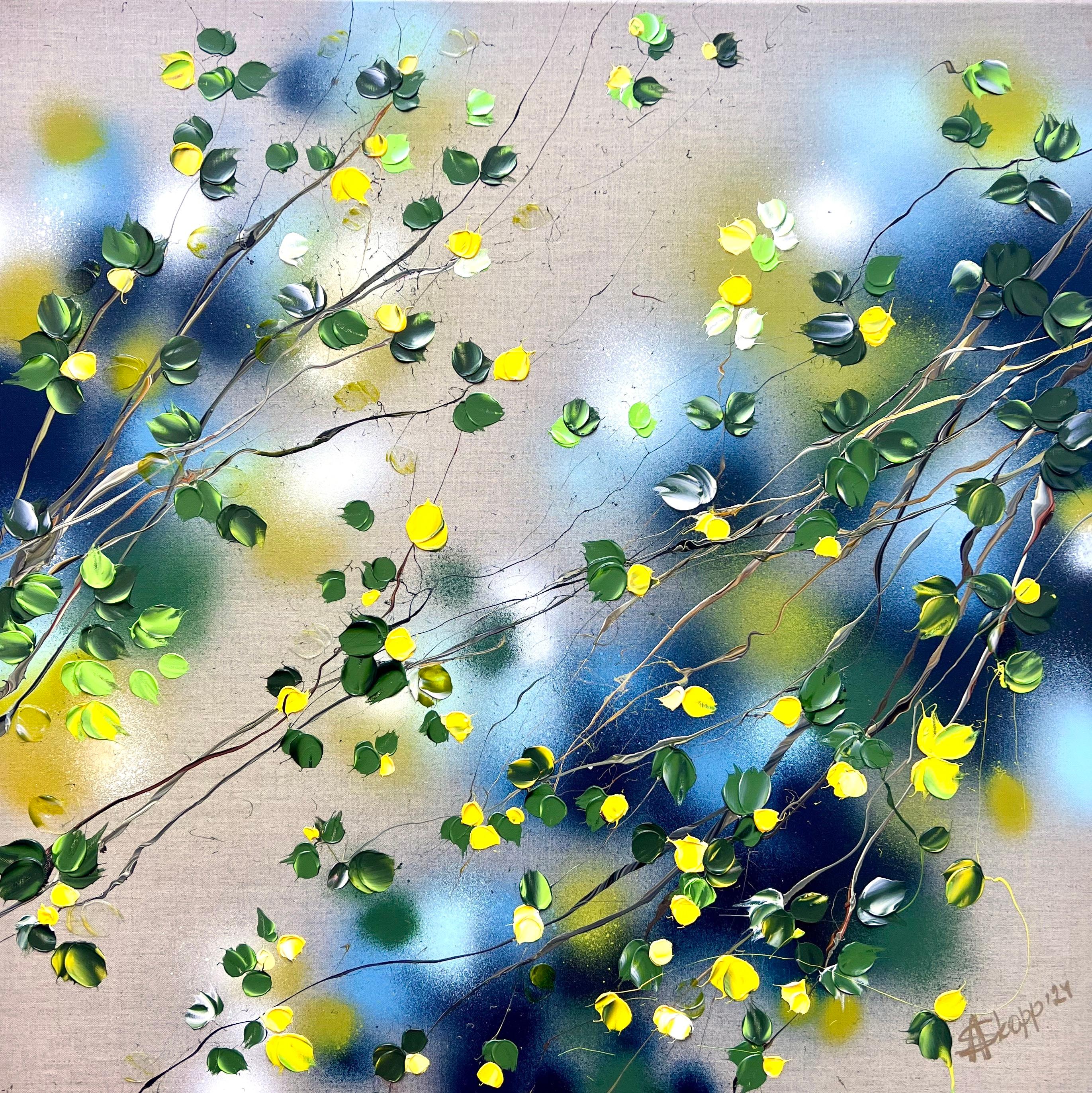 Einige gelbe Blumen – original impressionistische Blumenkunst auf Leinen-Leinwand
